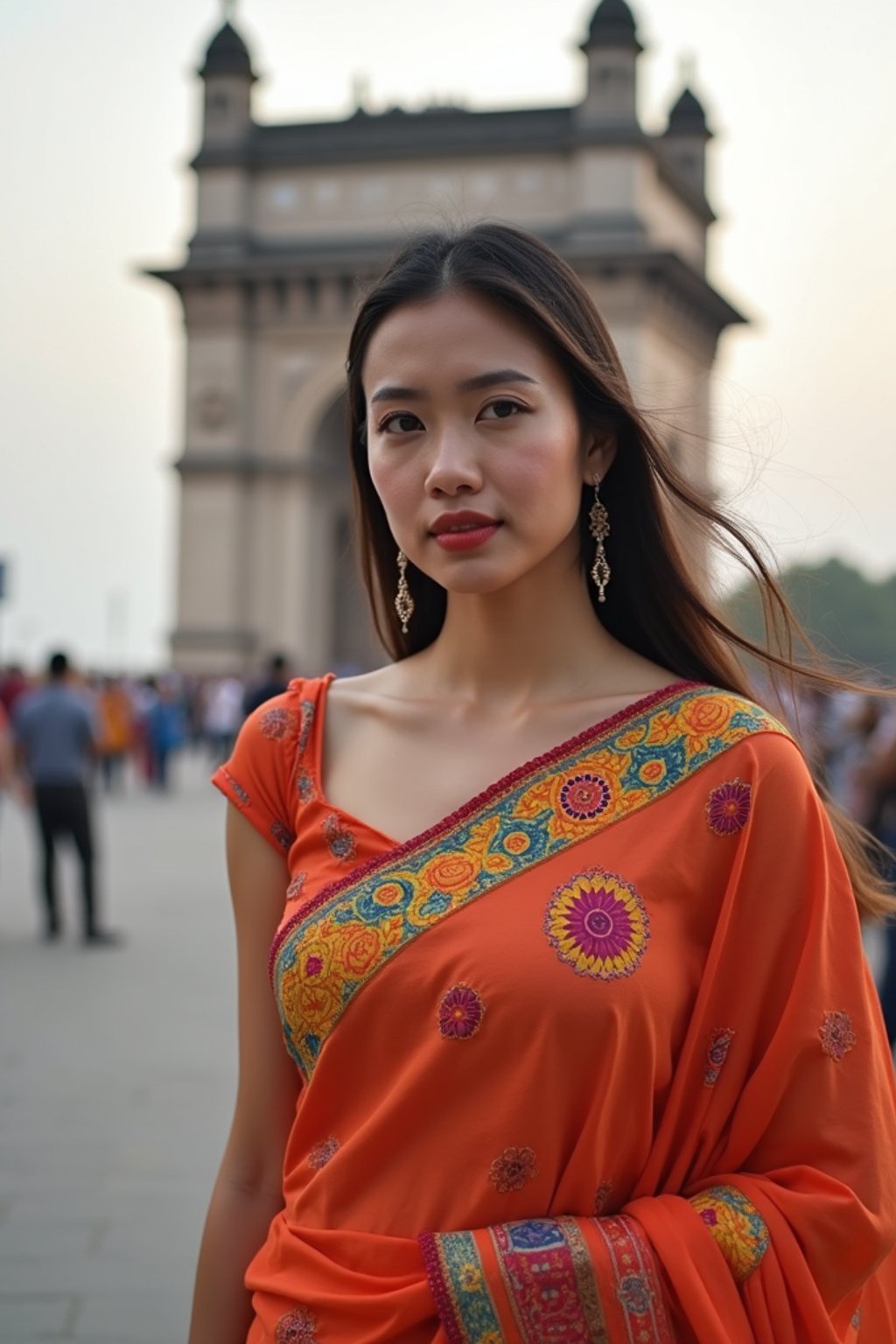 stylish and chic  woman in Mumbai wearing a vibrant saree/kurta, Gateway of India in the background