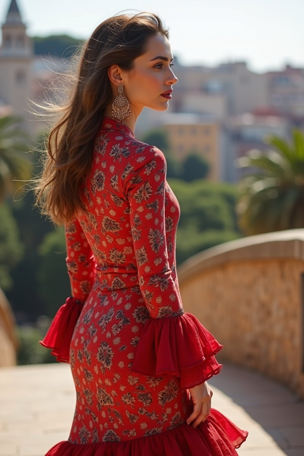 stylish and chic  woman in Barcelona wearing a flamenco-inspired dress/suit, Park Güell in the background