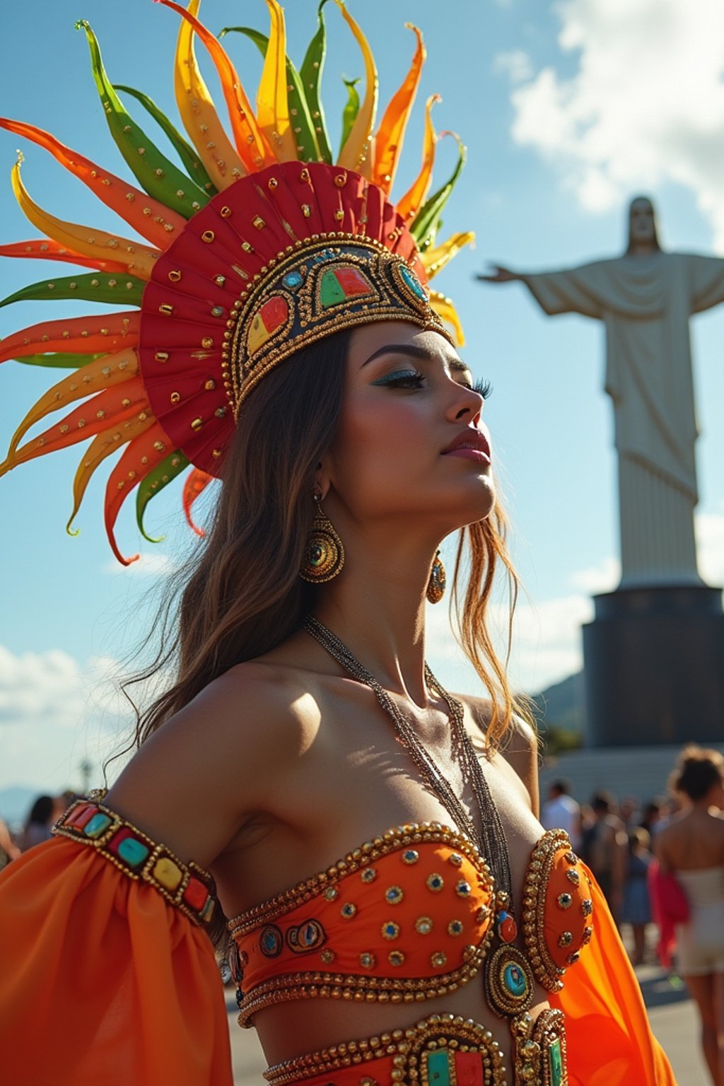 stylish and chic  woman in Rio de Janeiro wearing a vibrant carnival-inspired costume, Christ the Redeemer statue in the background