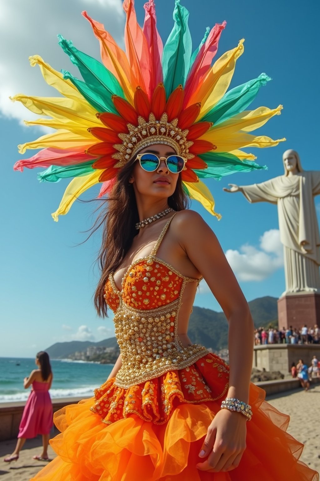 stylish and chic  woman in Rio de Janeiro wearing a vibrant carnival-inspired costume, Christ the Redeemer statue in the background