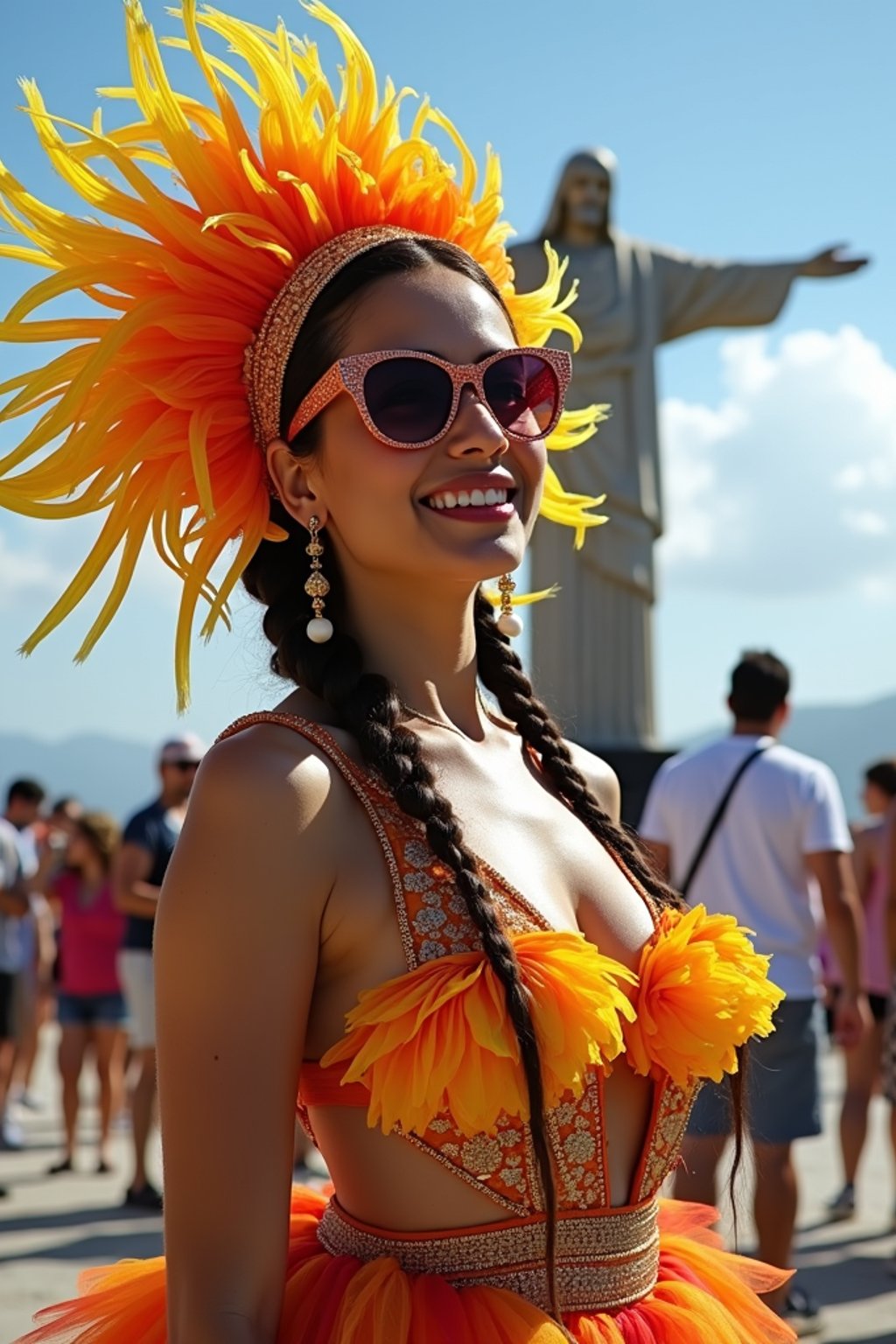 stylish and chic  woman in Rio de Janeiro wearing a vibrant carnival-inspired costume, Christ the Redeemer statue in the background