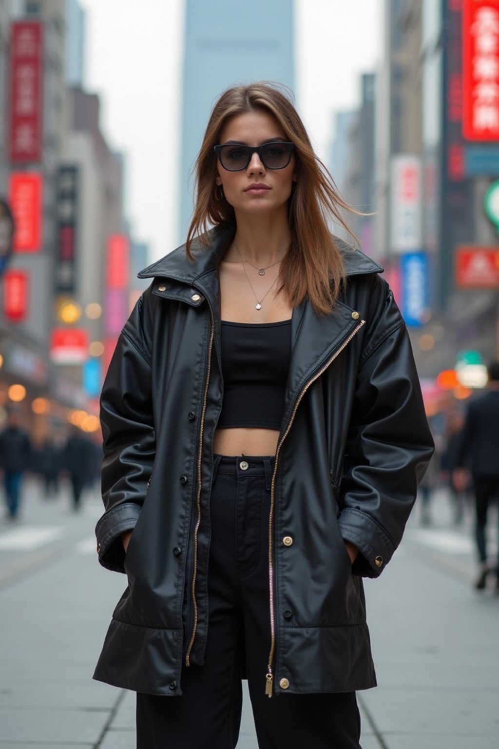 stylish and chic  woman in Shanghai wearing a contemporary streetwear outfit, Nanjing Road in the background