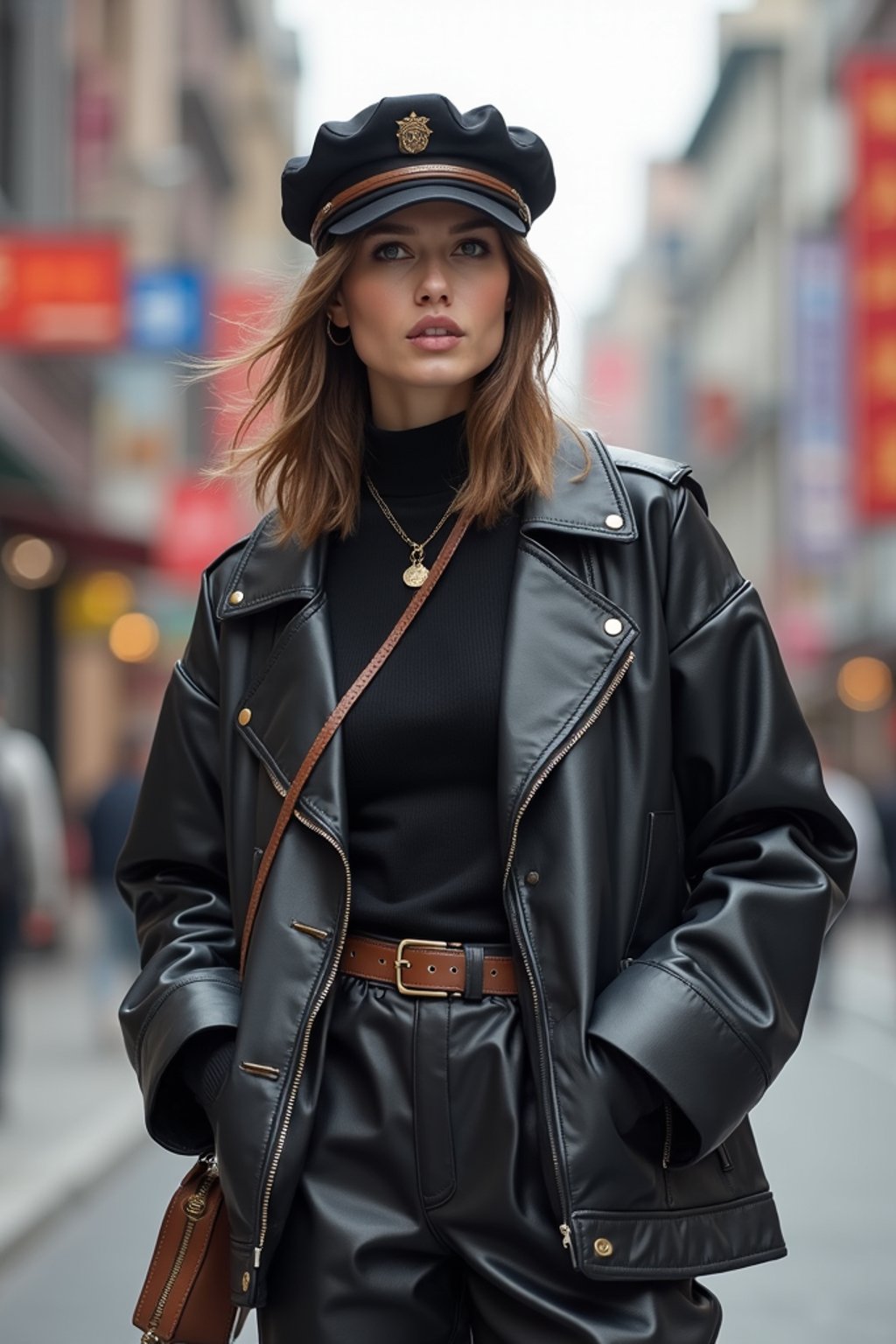 stylish and chic  woman in Shanghai wearing a contemporary streetwear outfit, Nanjing Road in the background