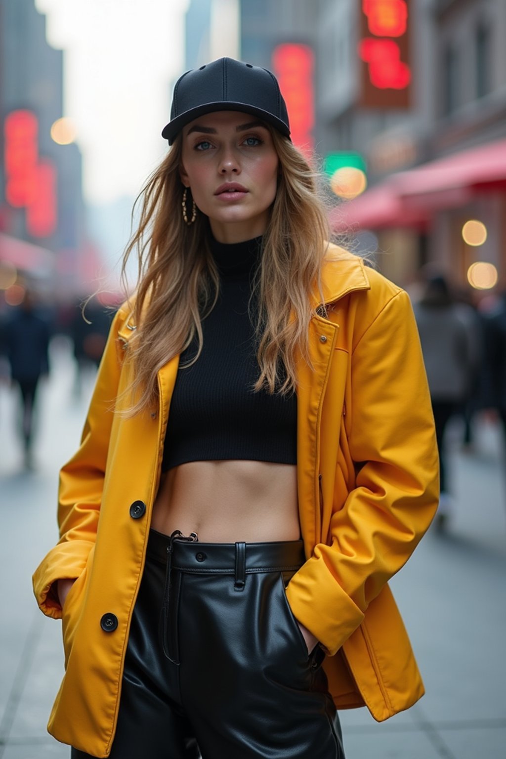 stylish and chic  woman in Shanghai wearing a contemporary streetwear outfit, Nanjing Road in the background