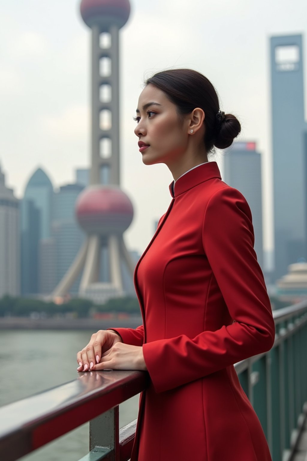 stylish and chic  woman in Shanghai wearing a traditional qipao/mandarin-collar suit, modern skyline in the background