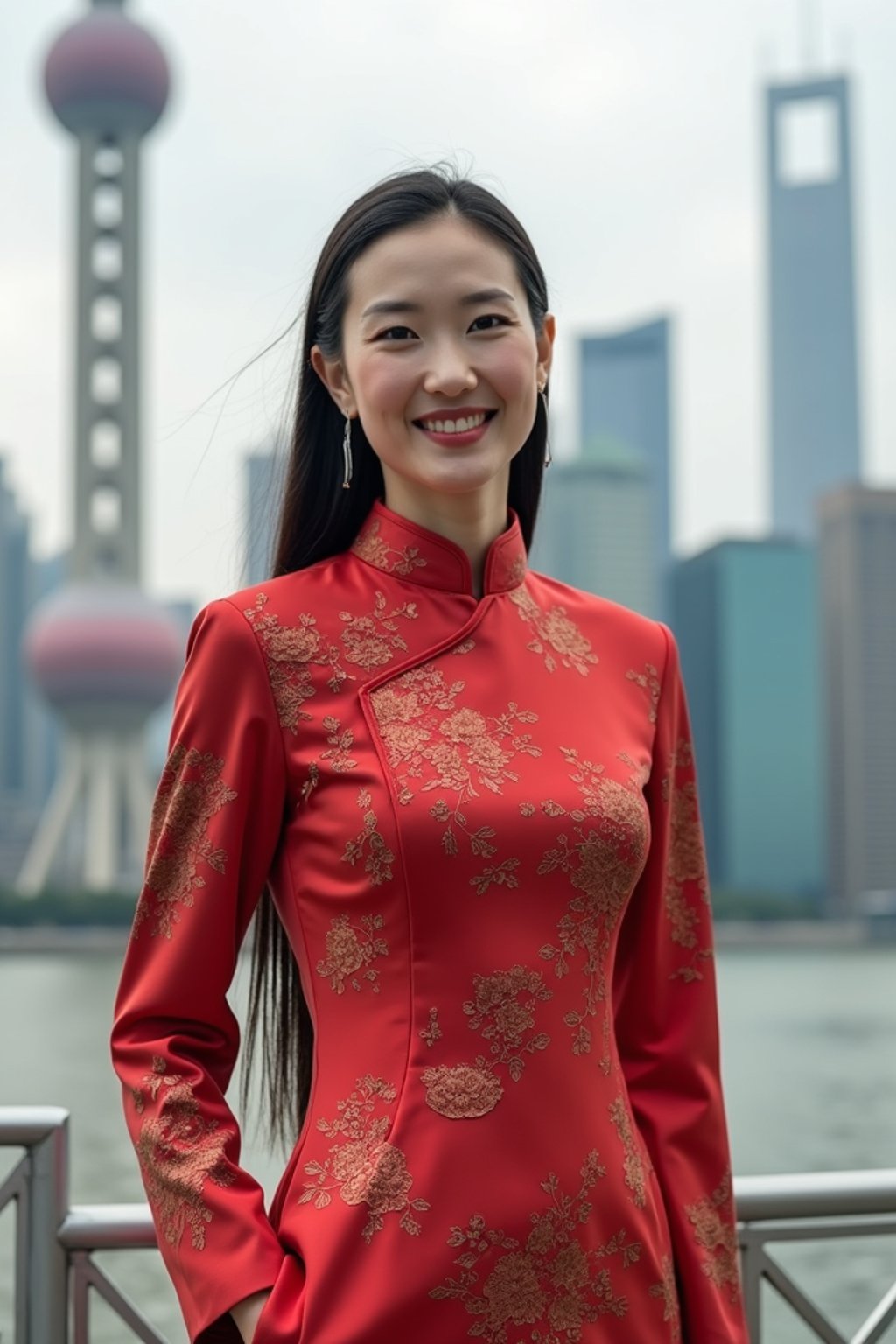 stylish and chic  woman in Shanghai wearing a traditional qipao/mandarin-collar suit, modern skyline in the background