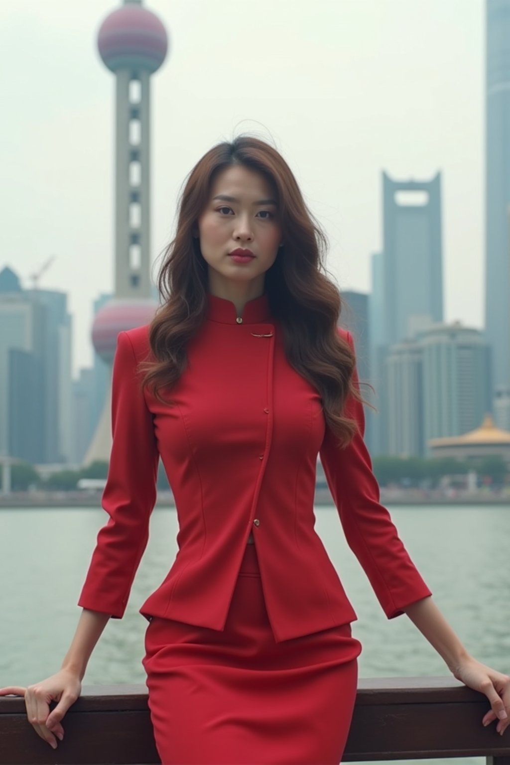 stylish and chic  woman in Shanghai wearing a traditional qipao/mandarin-collar suit, modern skyline in the background