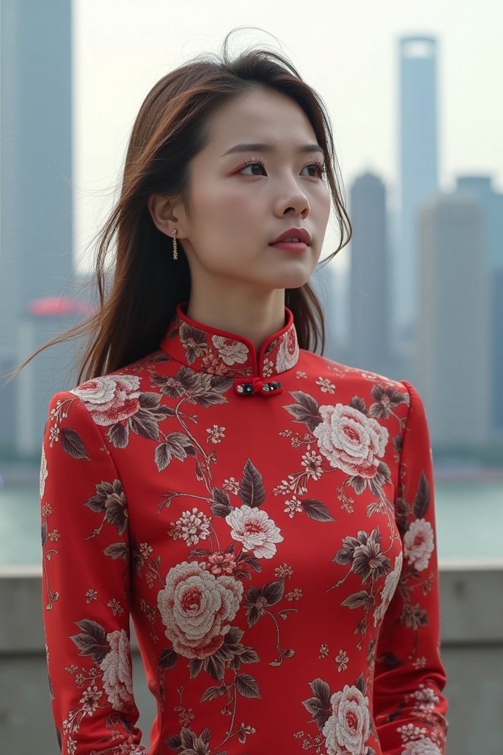 stylish and chic  woman in Shanghai wearing a traditional qipao/mandarin-collar suit, modern skyline in the background