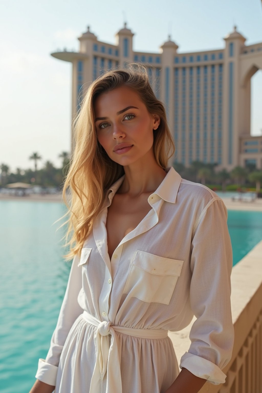 stylish and chic  woman in Dubai wearing a stylish sundress/linen shirt, the Atlantis hotel in the background