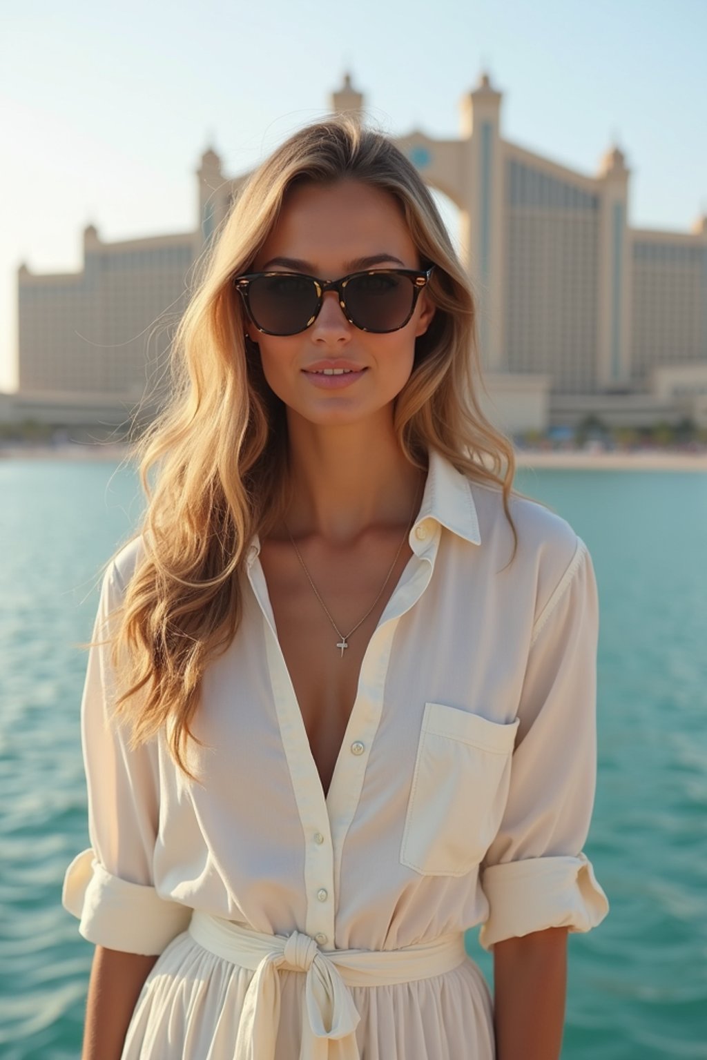 stylish and chic  woman in Dubai wearing a stylish sundress/linen shirt, the Atlantis hotel in the background