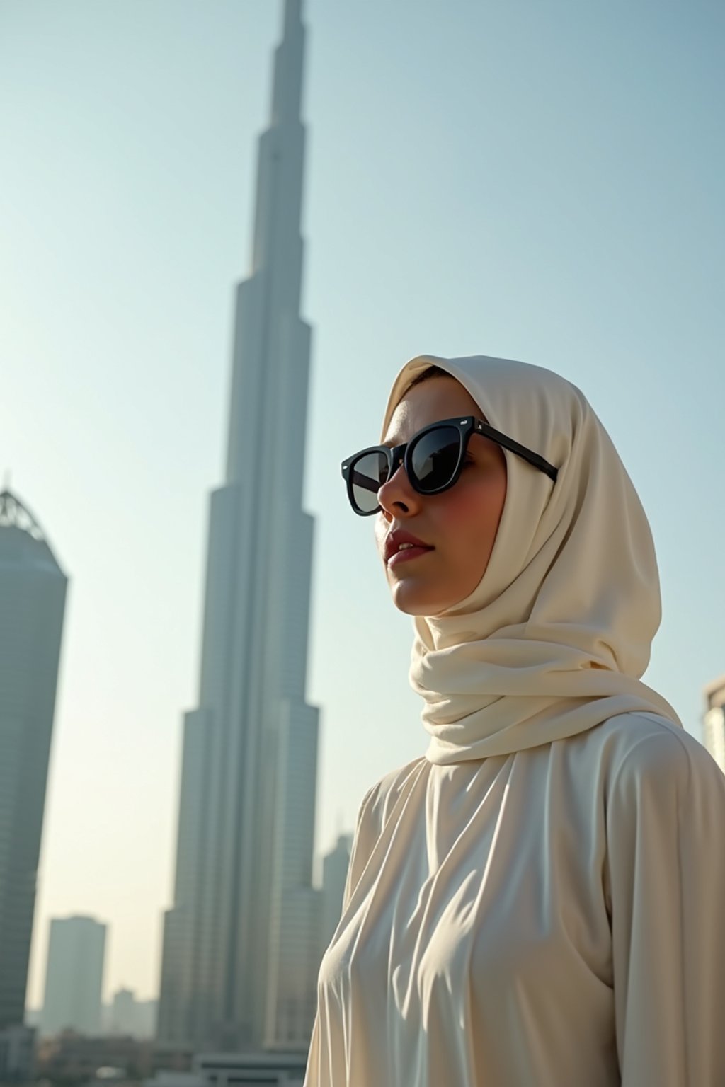 stylish and chic  woman in Dubai wearing a modern, chic abaya/thobe, skyscrapers of Dubai in the background