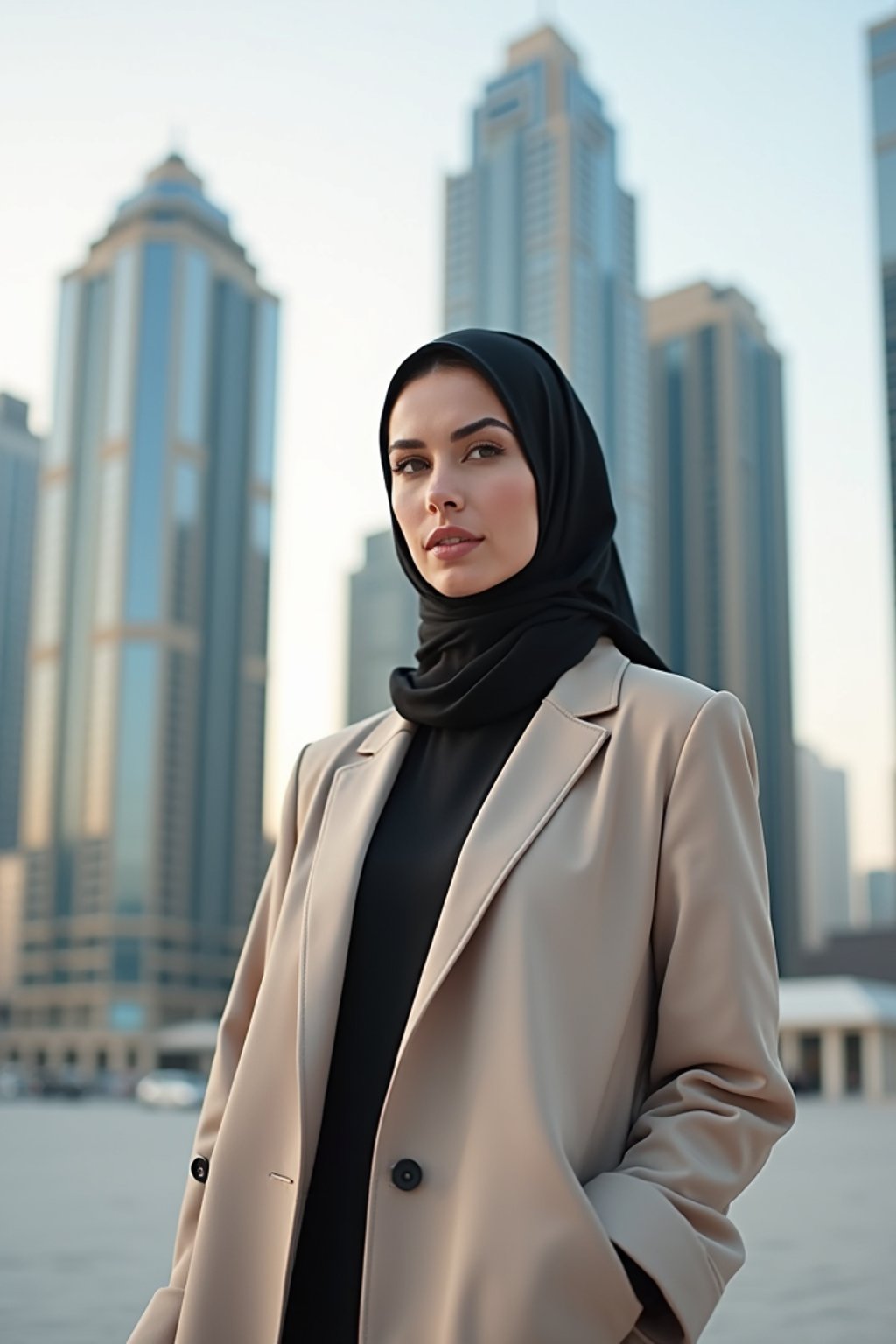 stylish and chic  woman in Dubai wearing a modern, chic abaya/thobe, skyscrapers of Dubai in the background