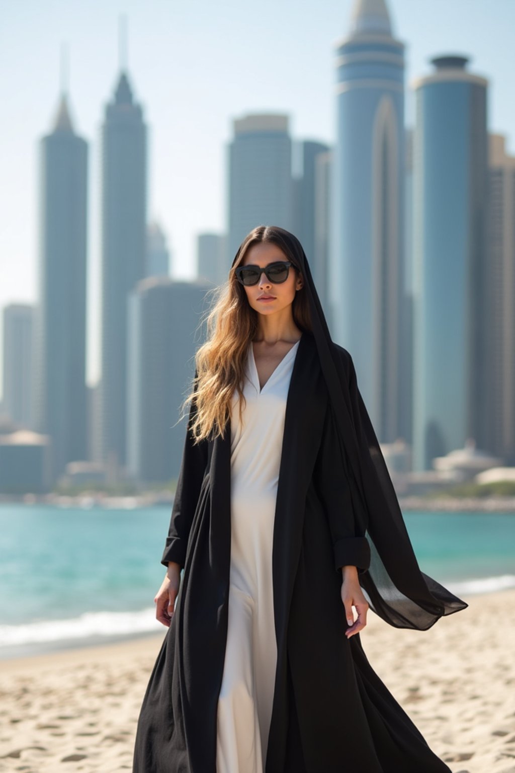 stylish and chic  woman in Dubai wearing a modern, chic abaya/thobe, skyscrapers of Dubai in the background