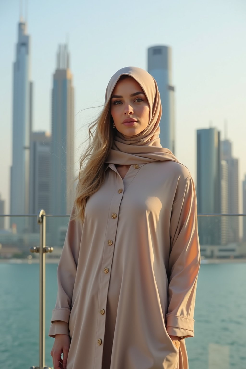 stylish and chic  woman in Dubai wearing a modern, chic abaya/thobe, skyscrapers of Dubai in the background