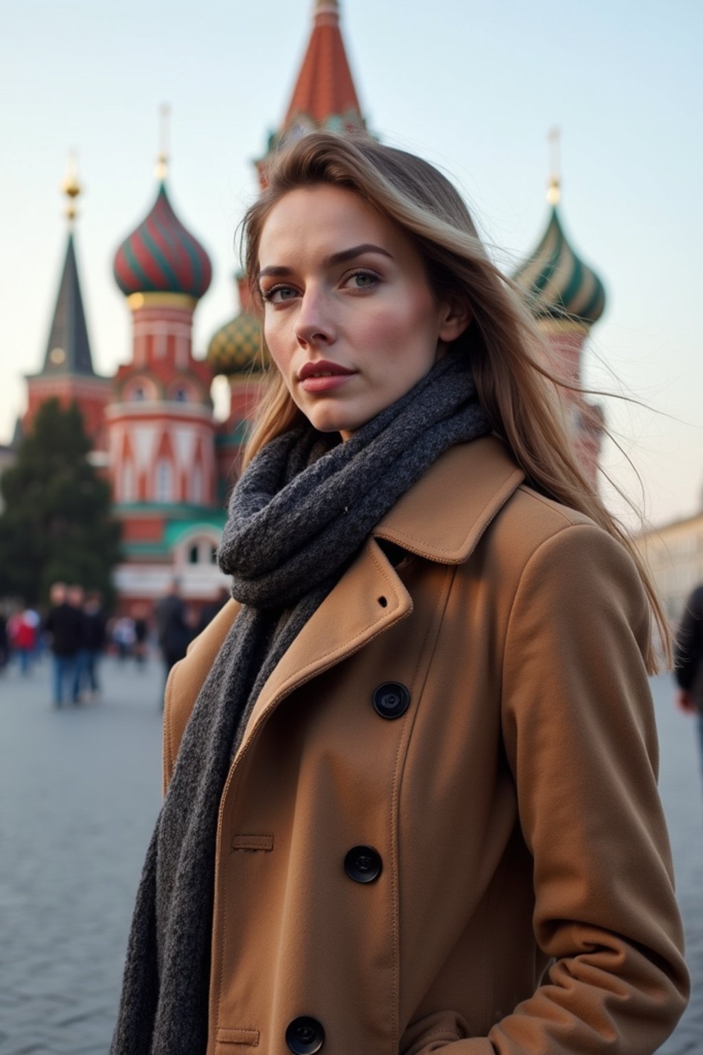 stylish and chic  woman in Moscow wearing a stylish coat and scarf, Saint Basil's Cathedral in the background