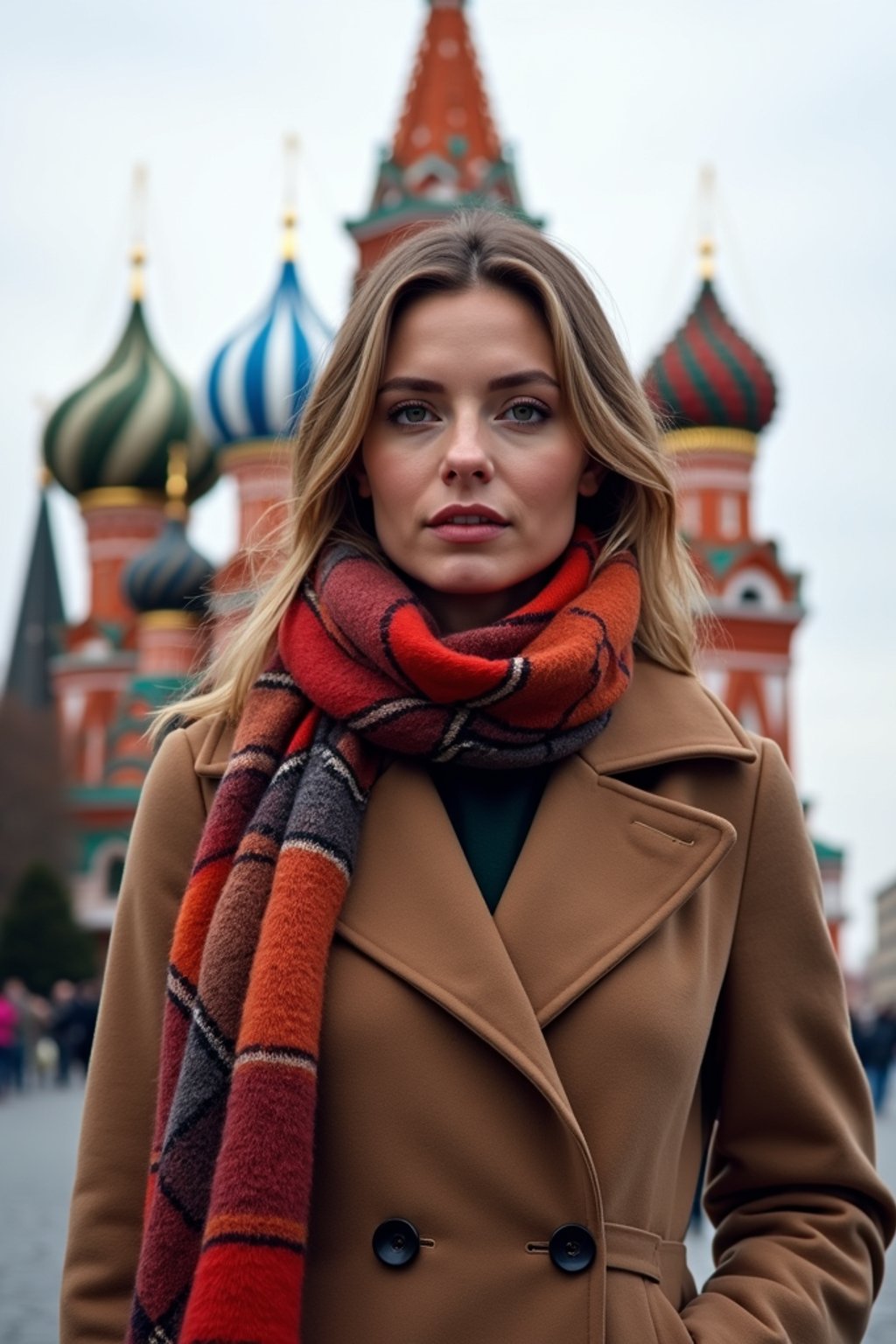 stylish and chic  woman in Moscow wearing a stylish coat and scarf, Saint Basil's Cathedral in the background