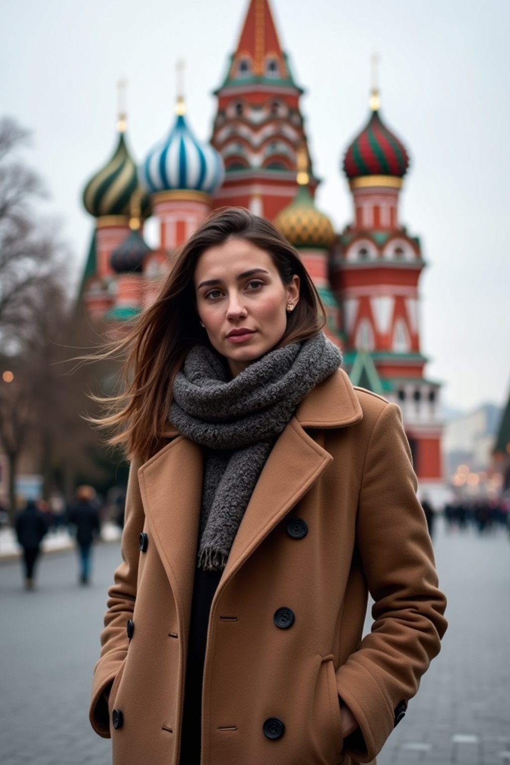 stylish and chic  woman in Moscow wearing a stylish coat and scarf, Saint Basil's Cathedral in the background