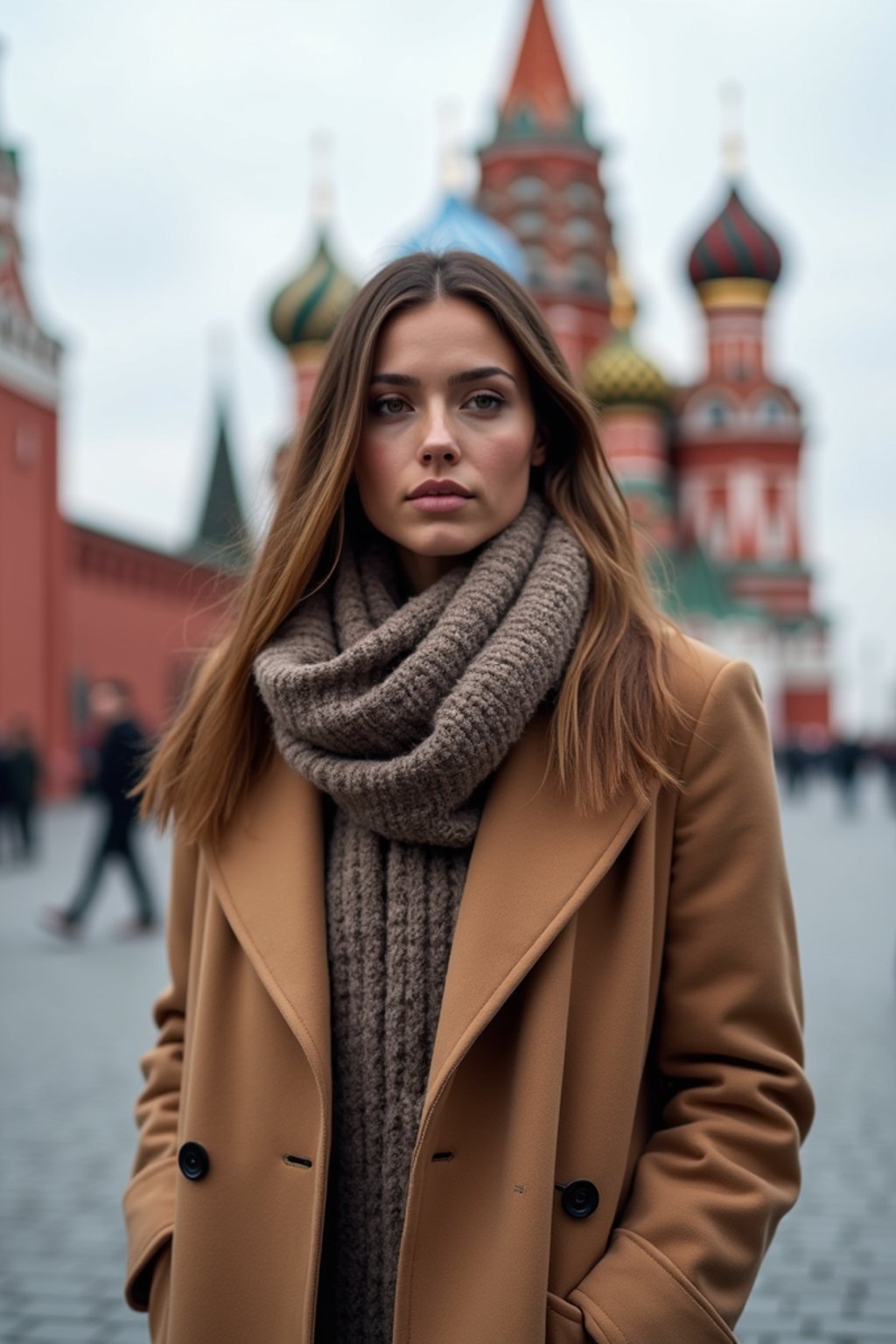 stylish and chic  woman in Moscow wearing a stylish coat and scarf, Saint Basil's Cathedral in the background