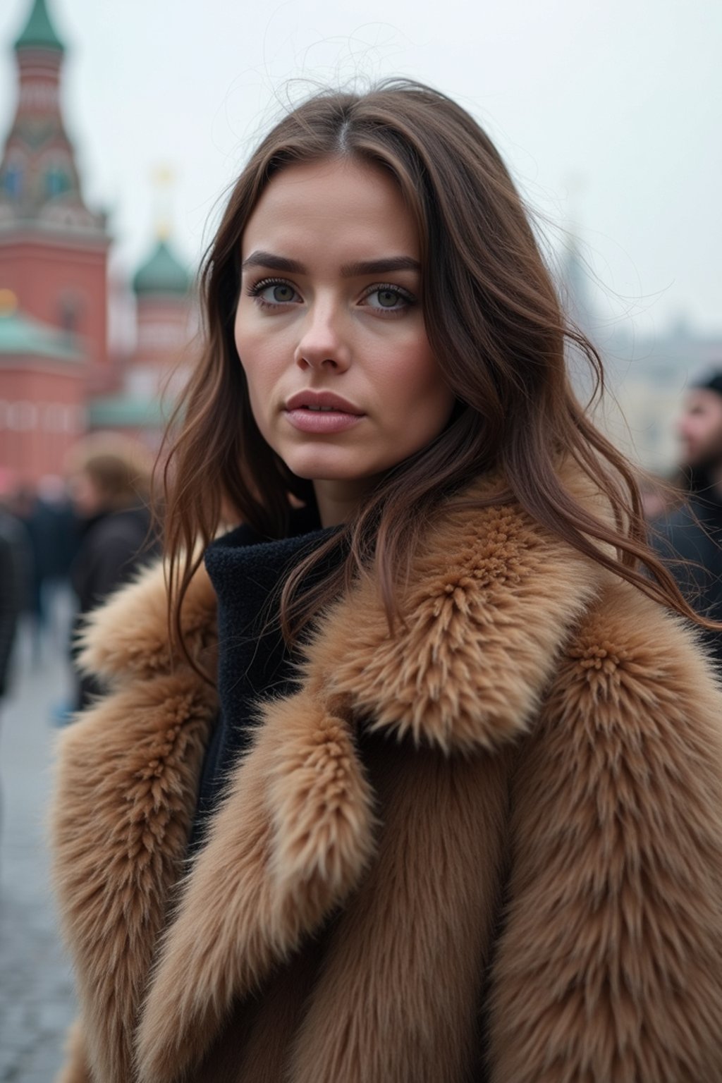 stylish and chic  woman in Moscow wearing a faux fur coat, Kremlin in the background