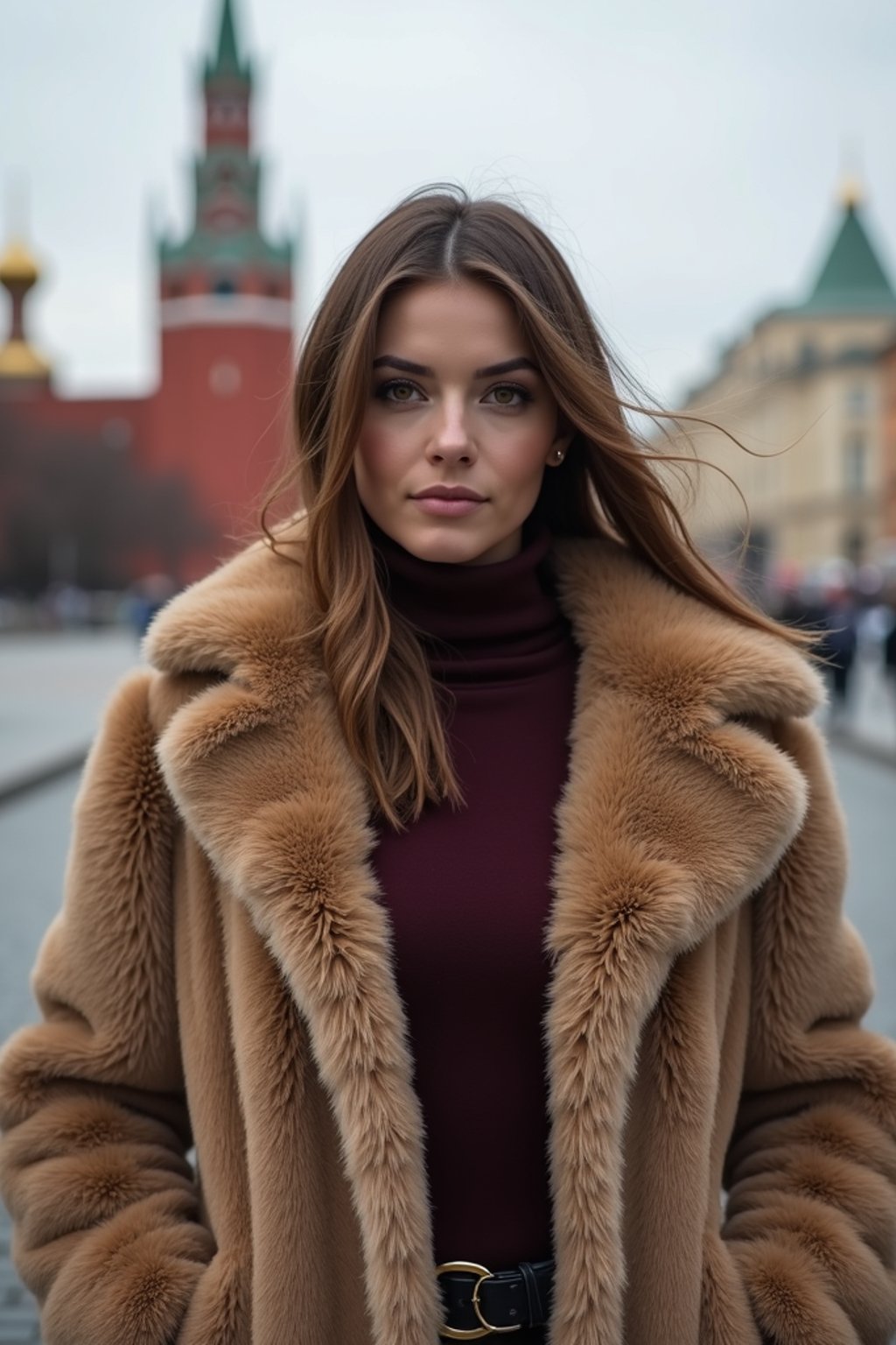 stylish and chic  woman in Moscow wearing a faux fur coat, Kremlin in the background