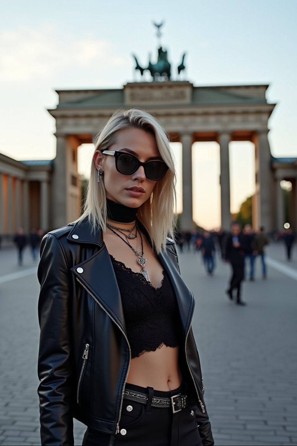 stylish and chic  woman in Berlin wearing a punk-inspired outfit, Brandenburg Gate in the background