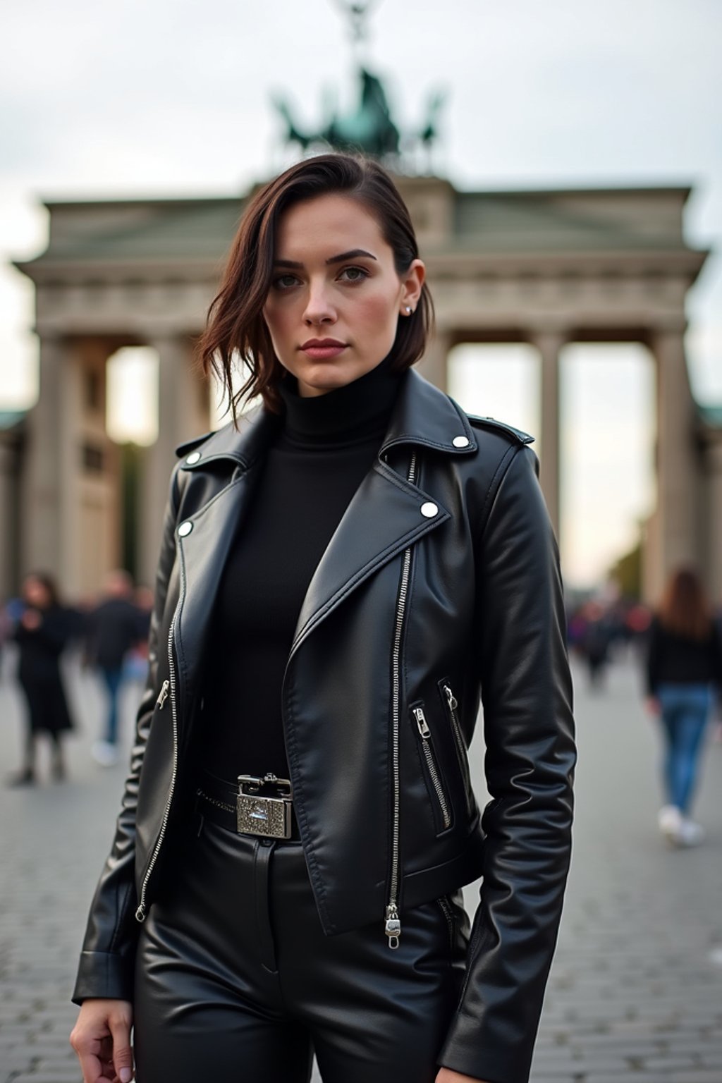 stylish and chic  woman in Berlin wearing a punk-inspired outfit, Brandenburg Gate in the background