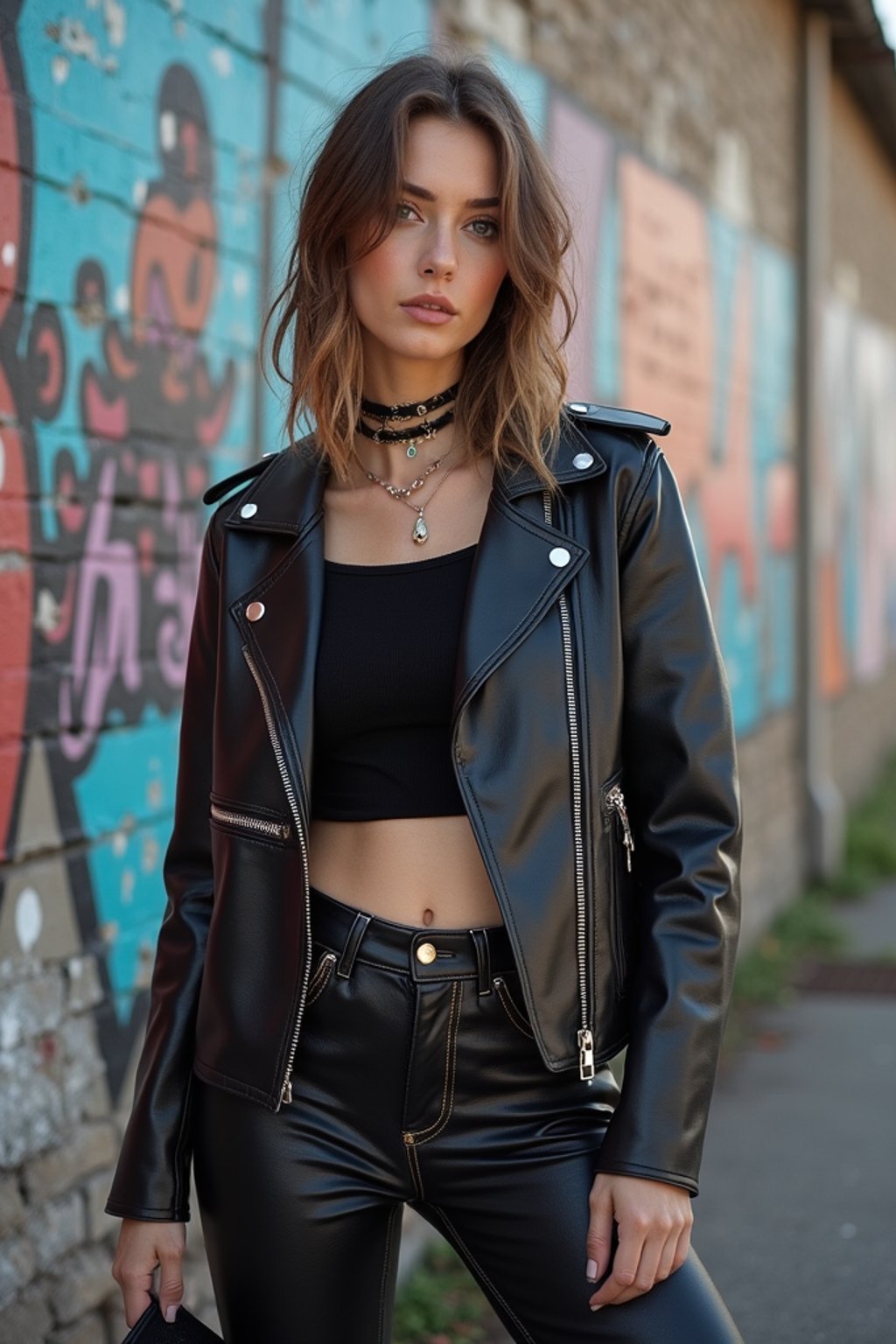 stylish and chic  woman in Berlin wearing a grunge-inspired outfit, Berlin Wall in the background