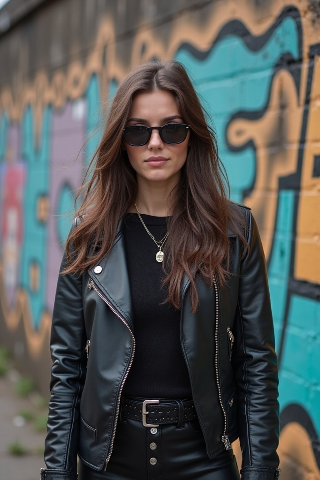 stylish and chic  woman in Berlin wearing a grunge-inspired outfit, Berlin Wall in the background