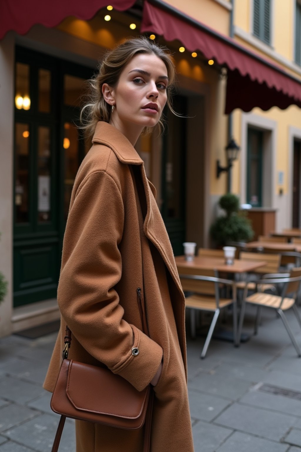 stylish and chic  woman in Milan wearing high fashion attire in front of a classic Italian café