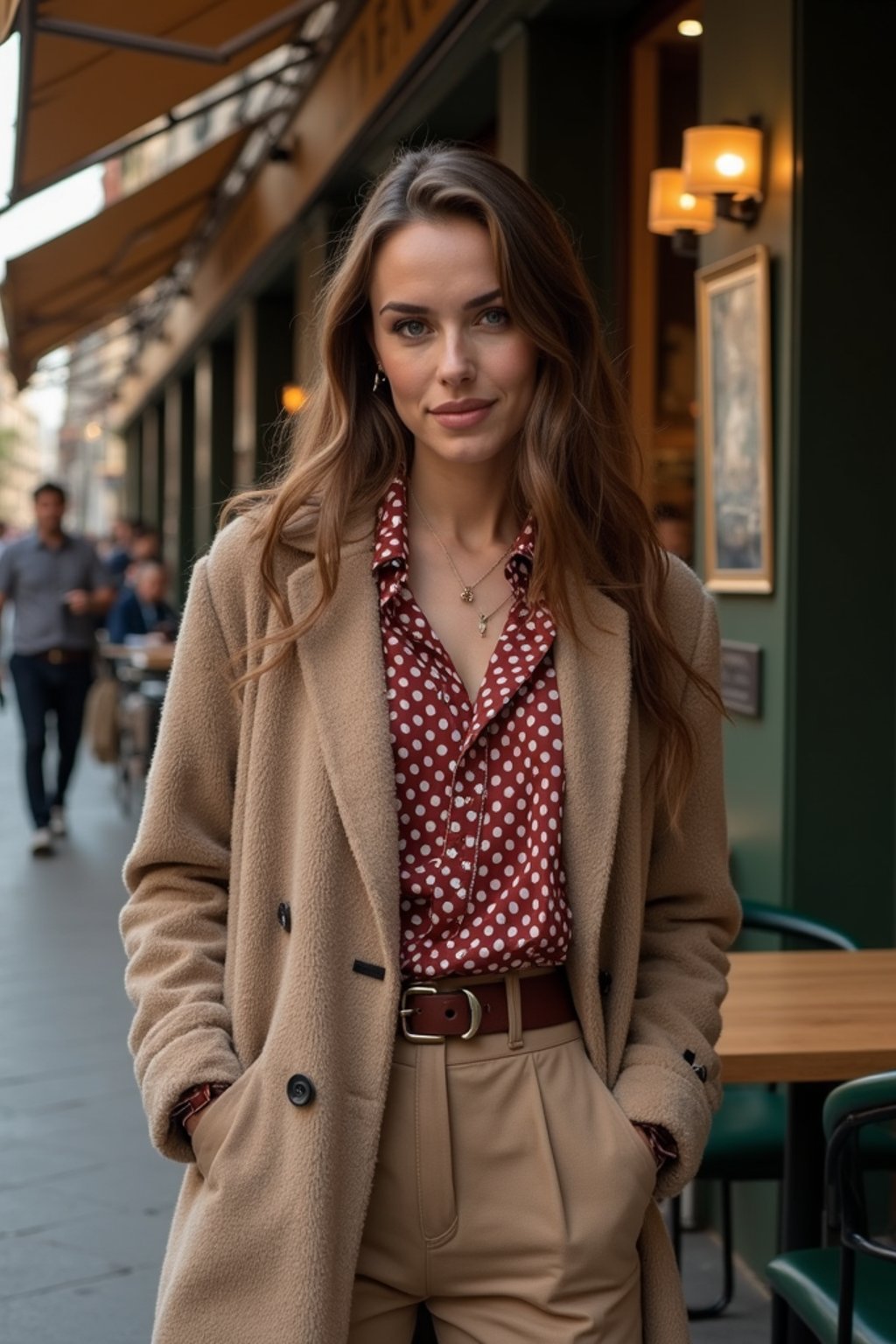 stylish and chic  woman in Milan wearing high fashion attire in front of a classic Italian café