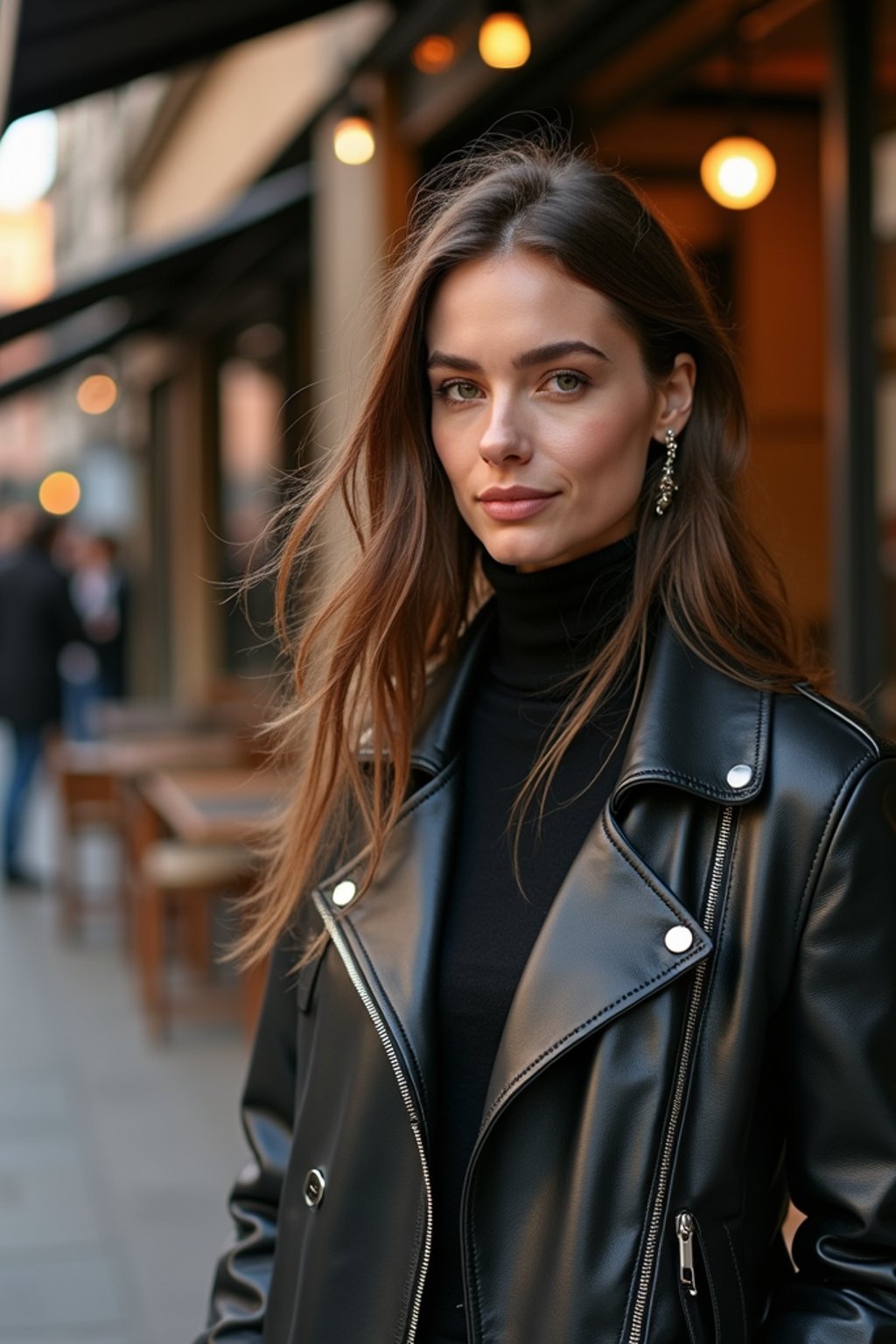 stylish and chic  woman in Milan wearing high fashion attire in front of a classic Italian café