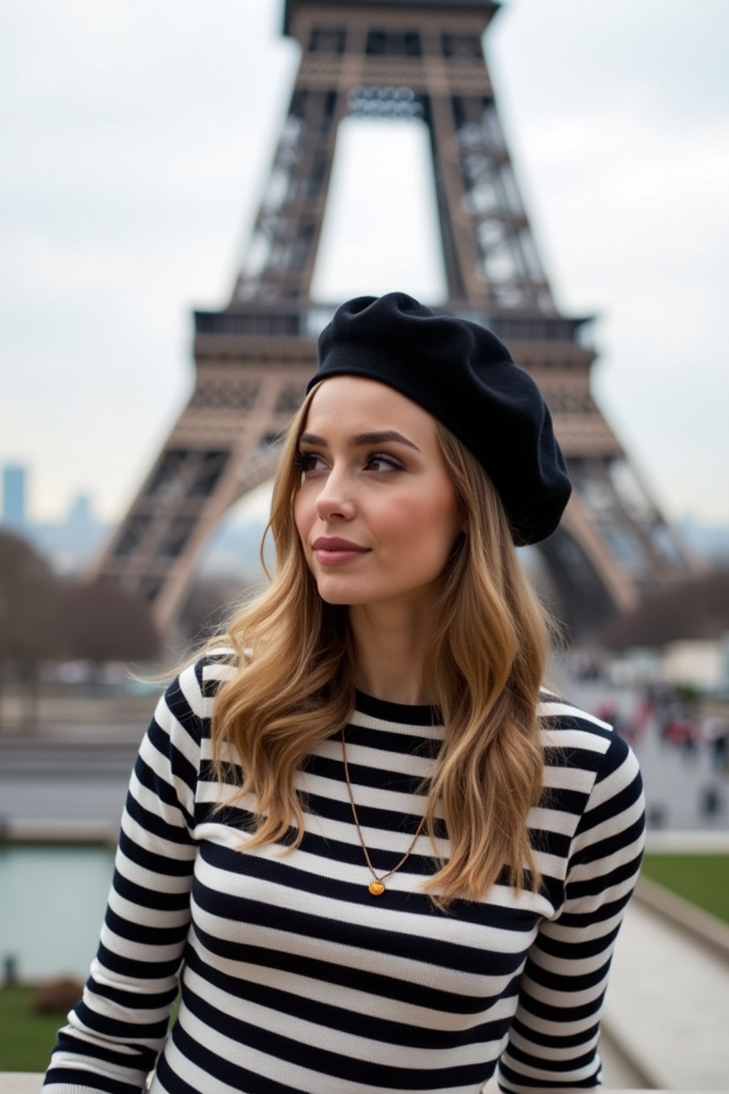 stylish and chic  woman in Paris, wearing a beret and striped top, Eiffel Tower in the background