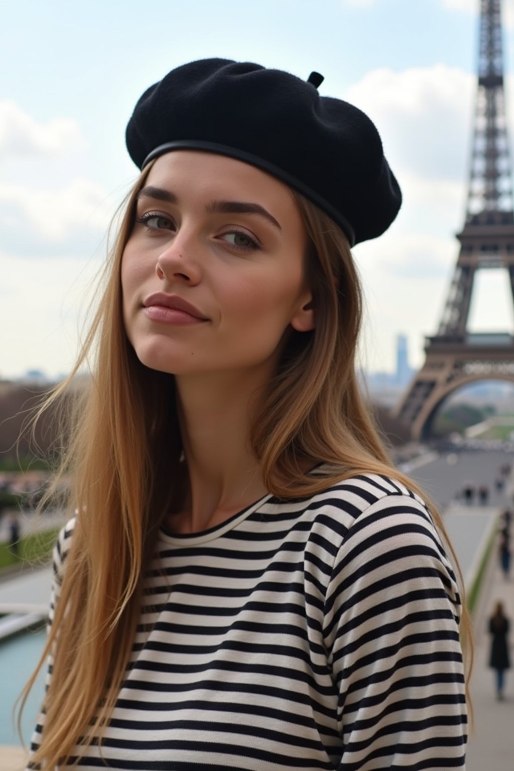 stylish and chic  woman in Paris, wearing a beret and striped top, Eiffel Tower in the background