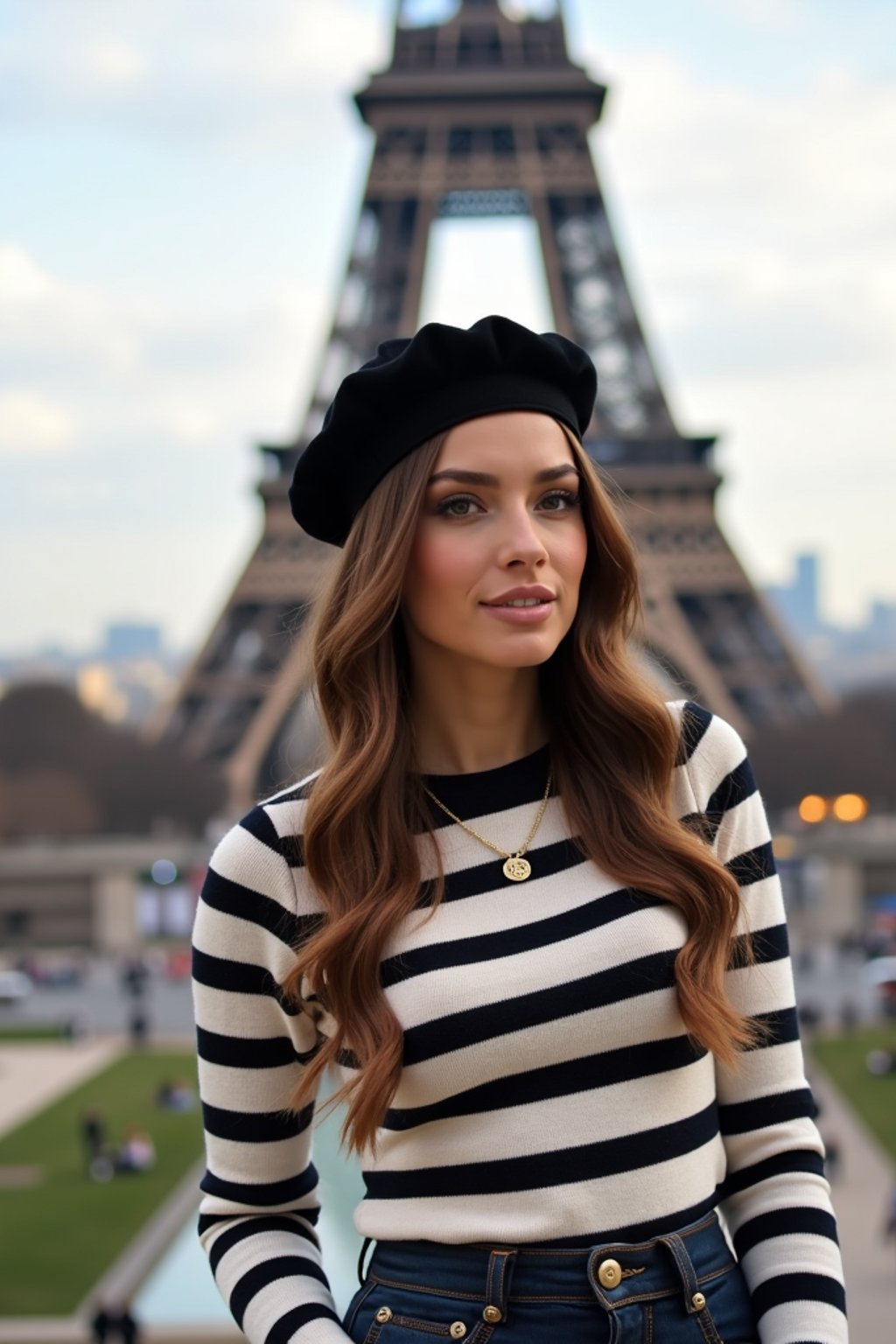 stylish and chic  woman in Paris, wearing a beret and striped top, Eiffel Tower in the background