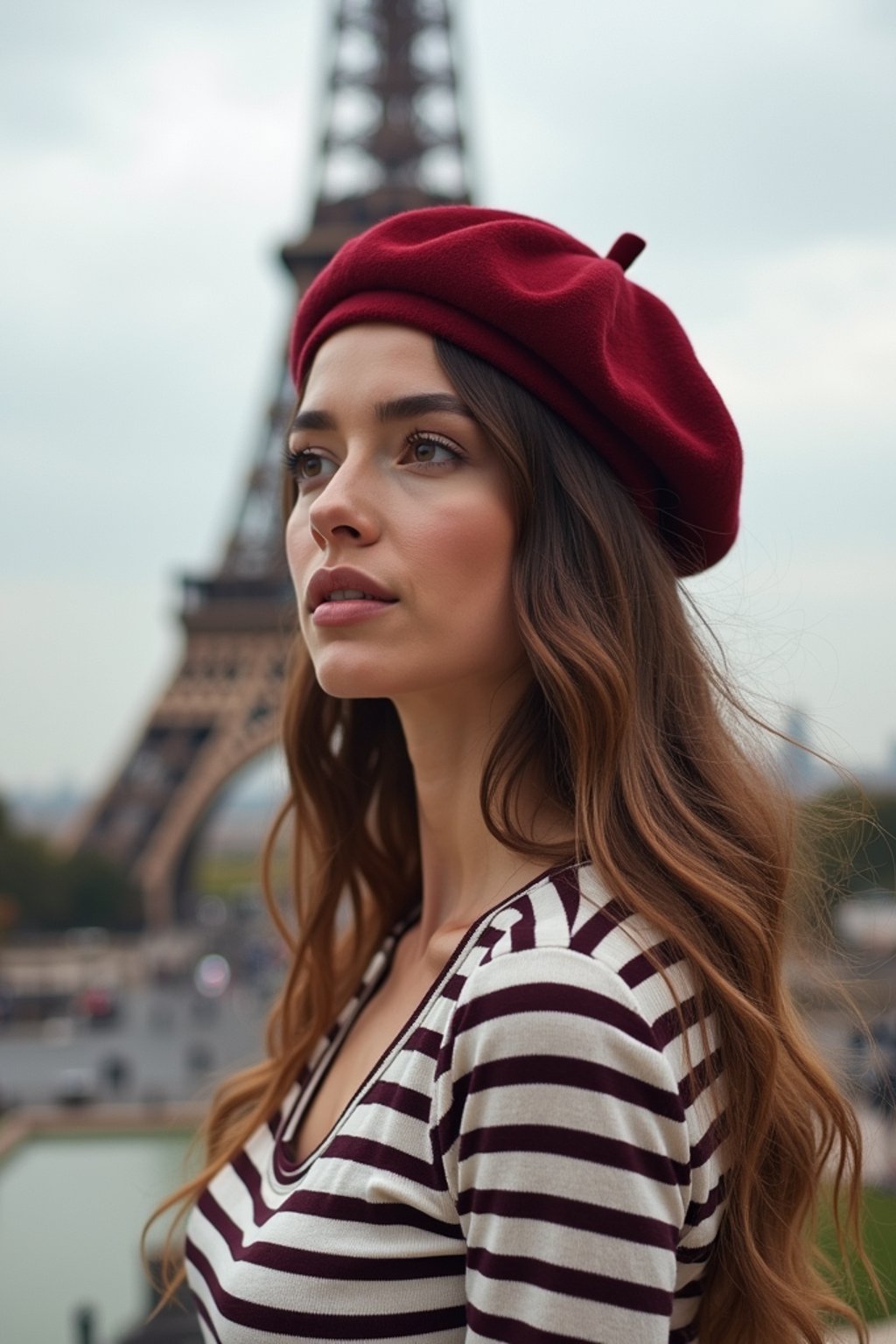 stylish and chic  woman in Paris, wearing a beret and striped top, Eiffel Tower in the background