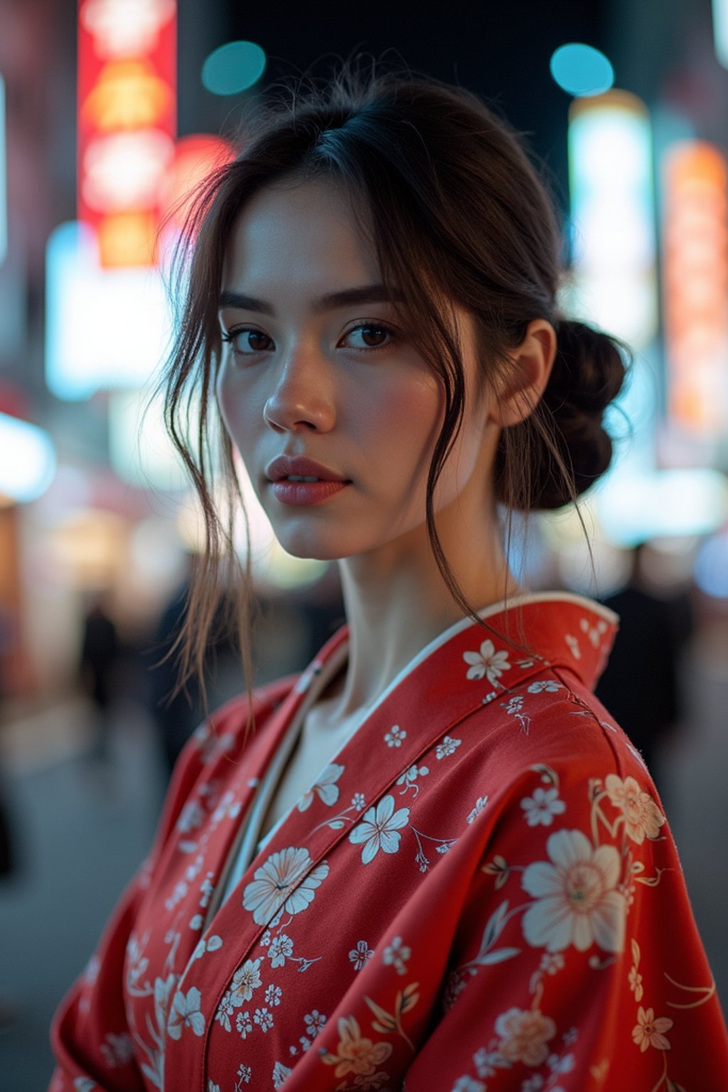 stylish and chic  woman in Tokyo wearing a modern take on a traditional kimono, neon lights of the city in the background