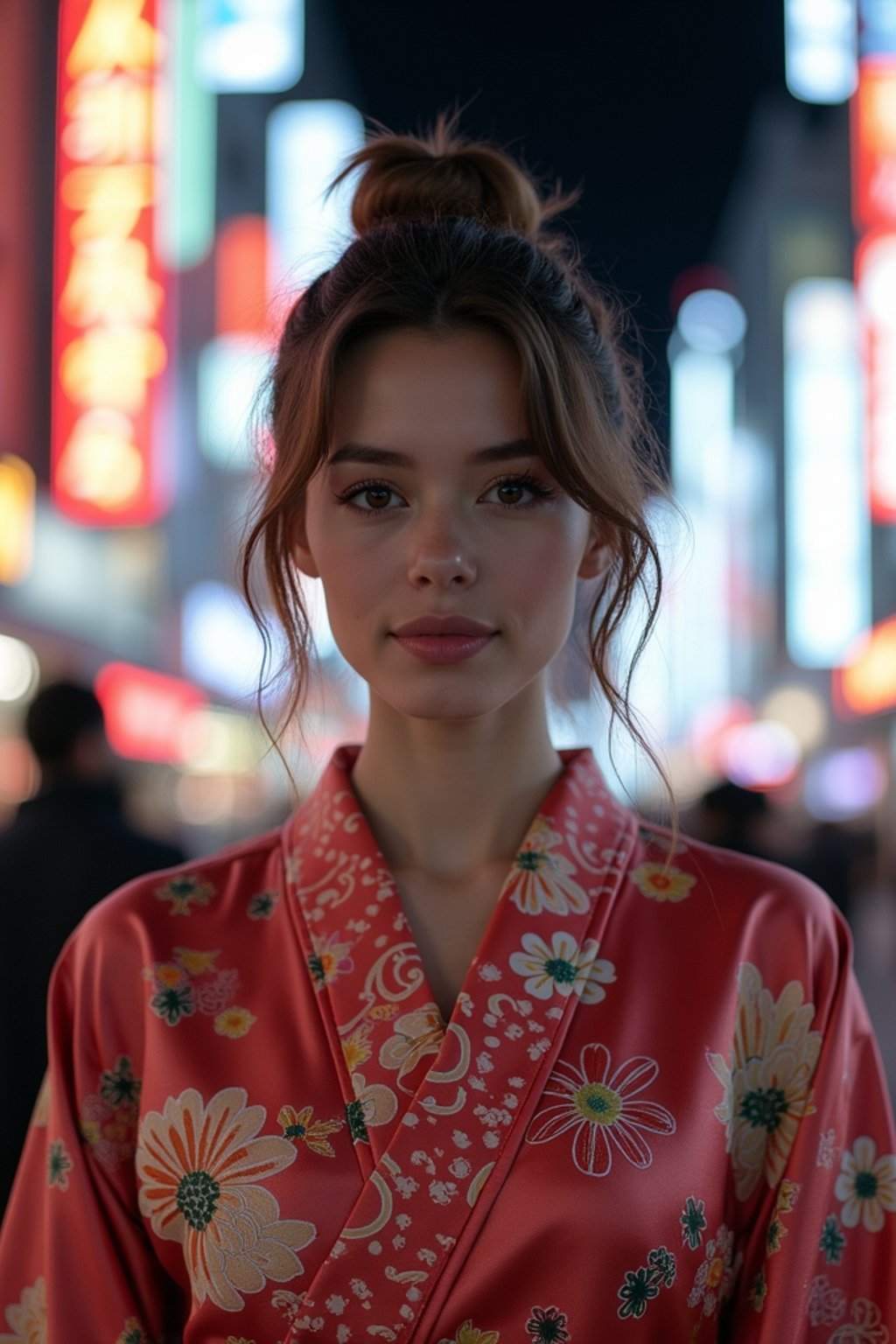 stylish and chic  woman in Tokyo wearing a modern take on a traditional kimono, neon lights of the city in the background