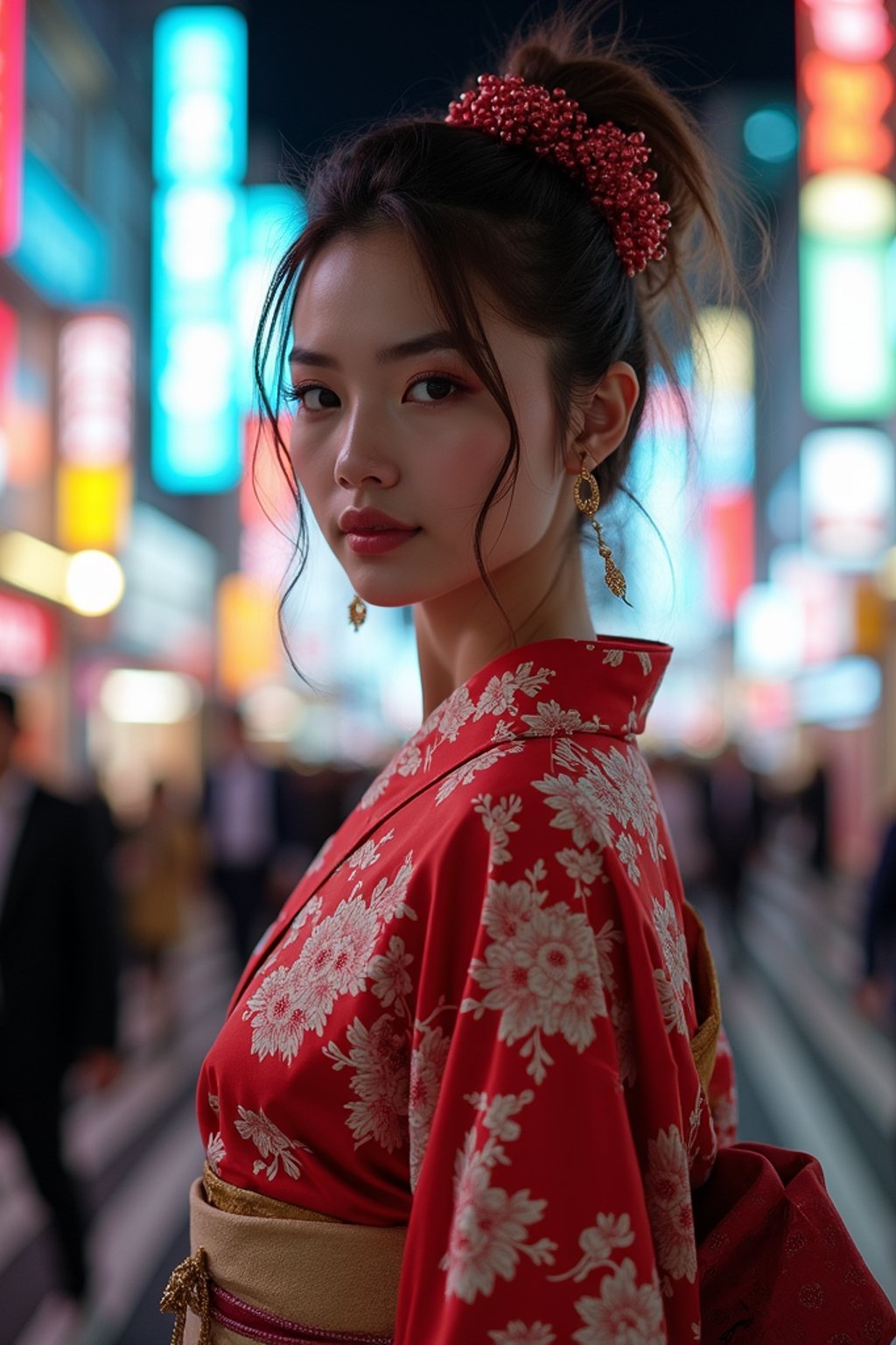 stylish and chic  woman in Tokyo wearing a modern take on a traditional kimono, neon lights of the city in the background