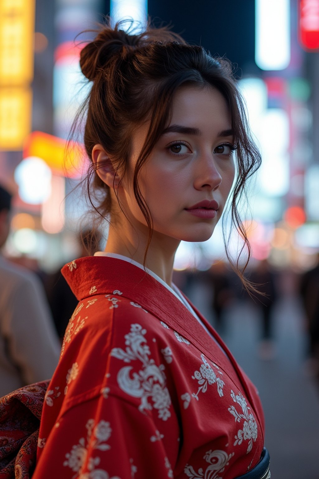 stylish and chic  woman in Tokyo wearing a modern take on a traditional kimono, neon lights of the city in the background