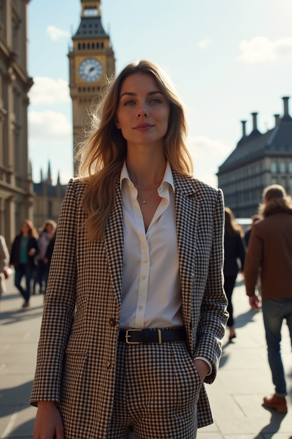 stylish and chic  woman in London wearing a checkered suit, Big Ben in the background