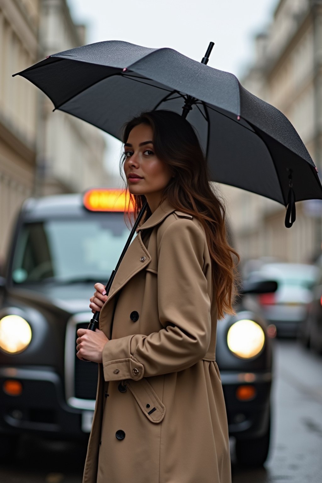 stylish and chic  woman in London sporting a trench coat and holding an umbrella, iconic London cab in the background