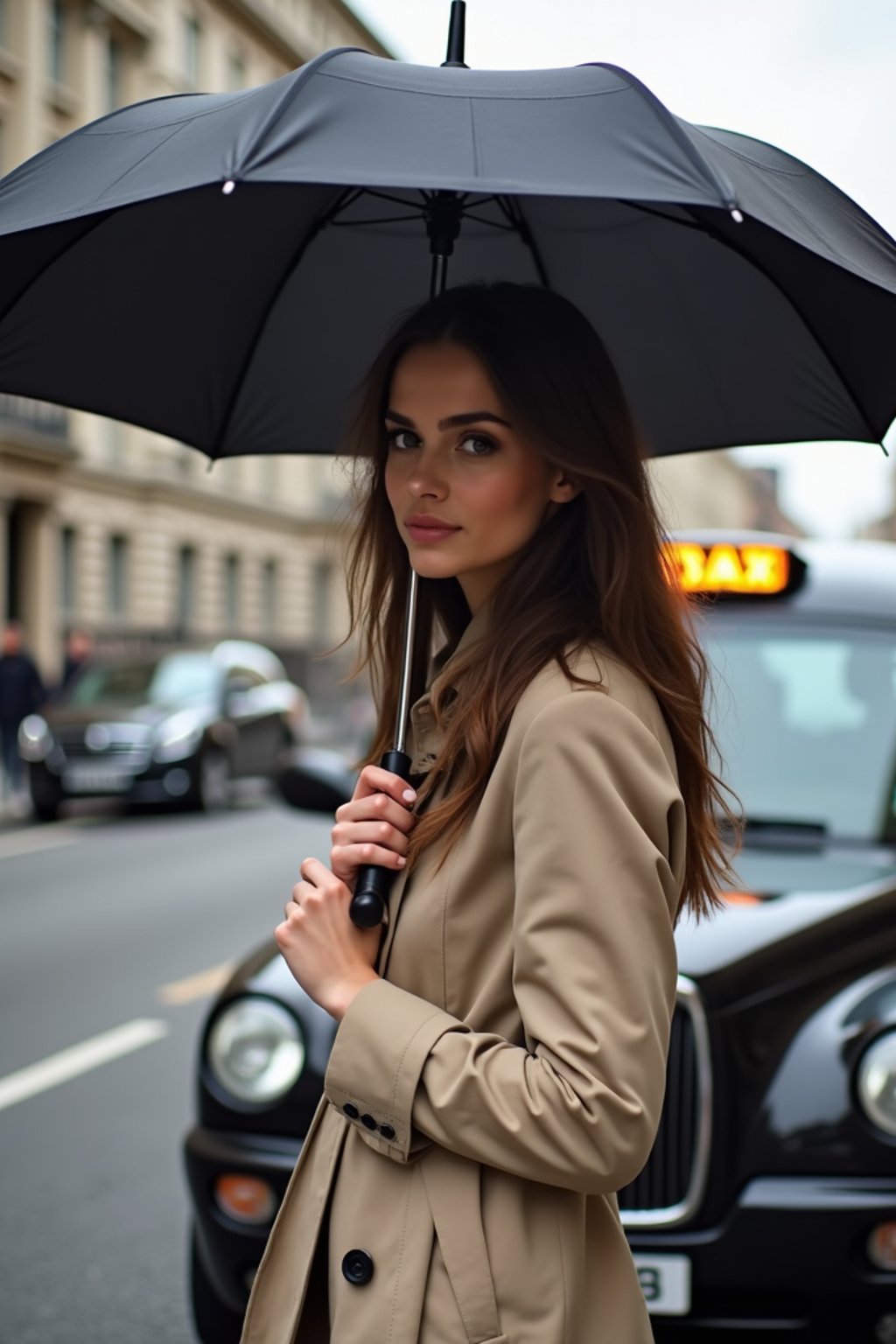 stylish and chic  woman in London sporting a trench coat and holding an umbrella, iconic London cab in the background