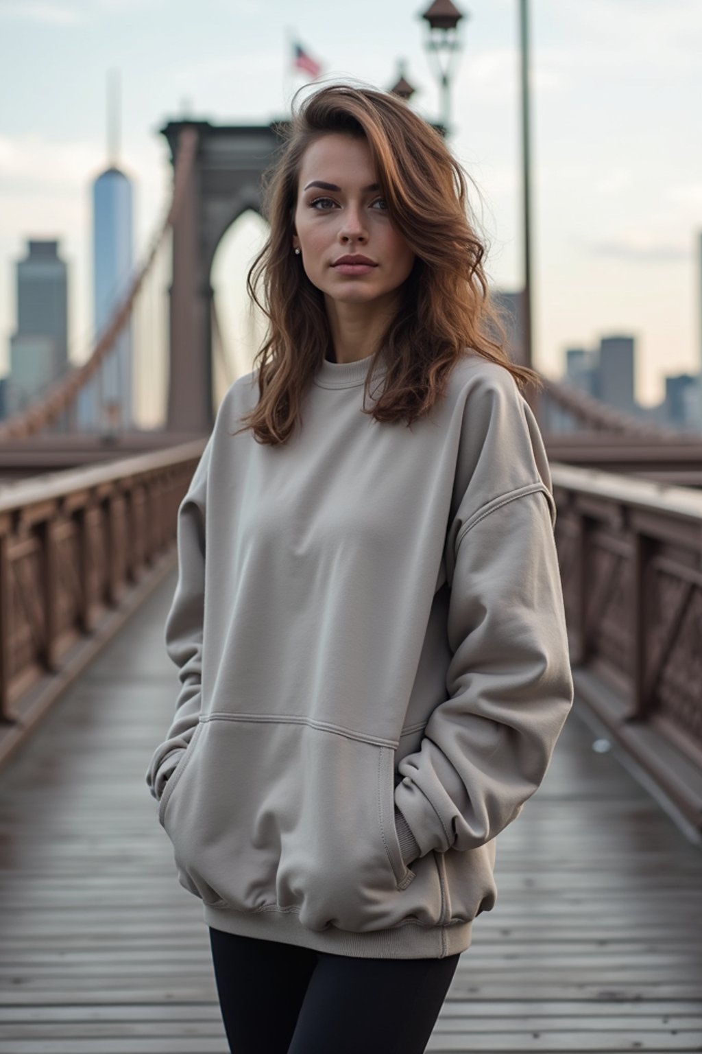 stylish and chic  woman in New York City wearing an oversized sweatshirt and high top sneakers, Brooklyn Bridge in the background