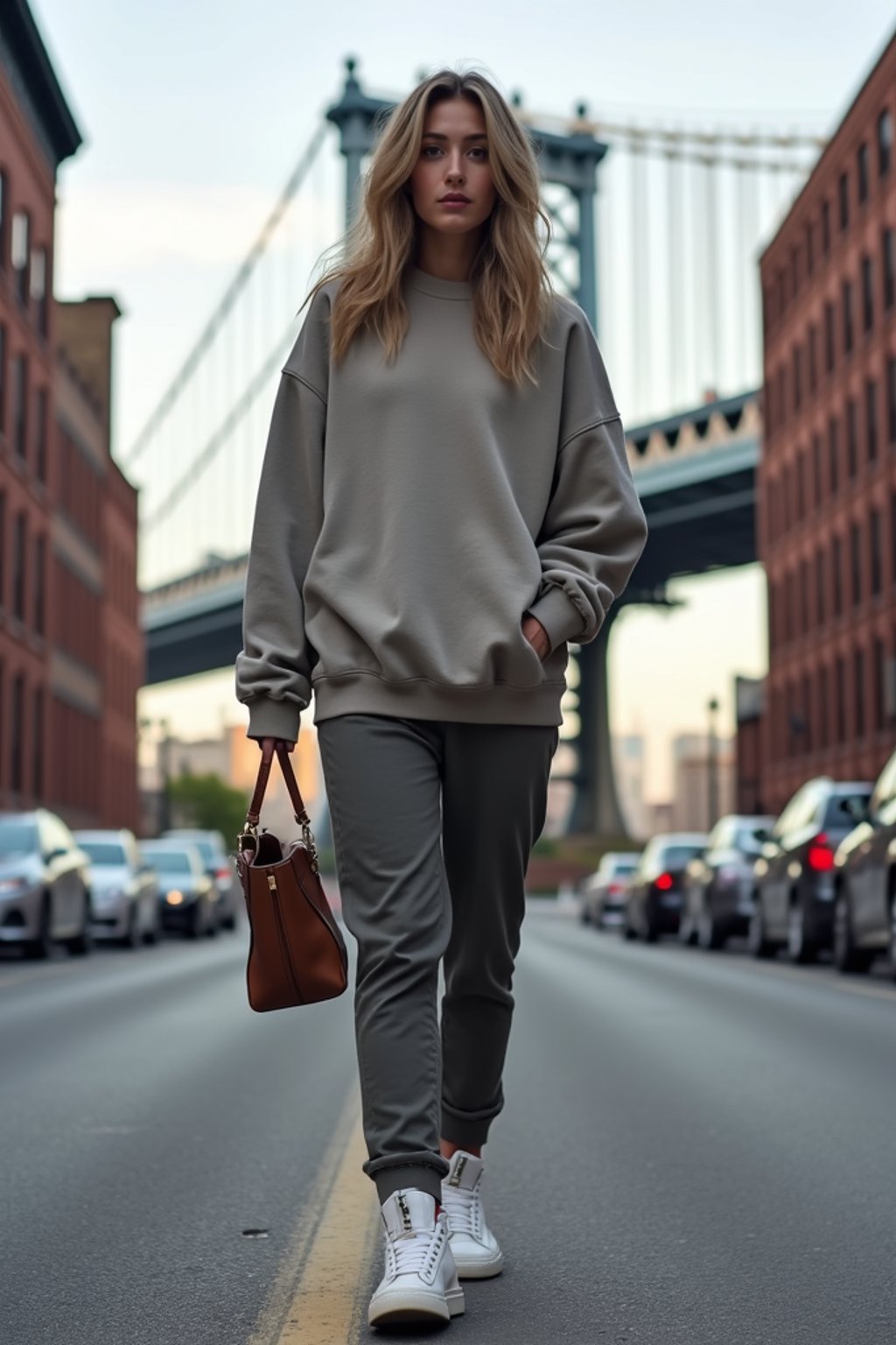 stylish and chic  woman in New York City wearing an oversized sweatshirt and high top sneakers, Brooklyn Bridge in the background