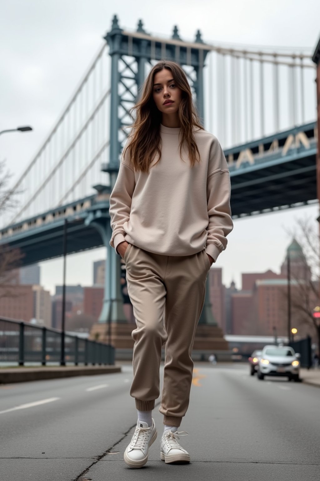 stylish and chic  woman in New York City wearing an oversized sweatshirt and high top sneakers, Brooklyn Bridge in the background