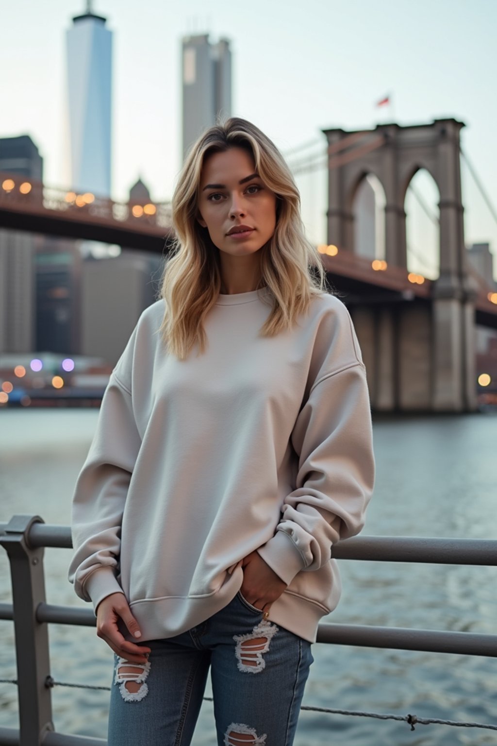 stylish and chic  woman in New York City wearing an oversized sweatshirt and high top sneakers, Brooklyn Bridge in the background