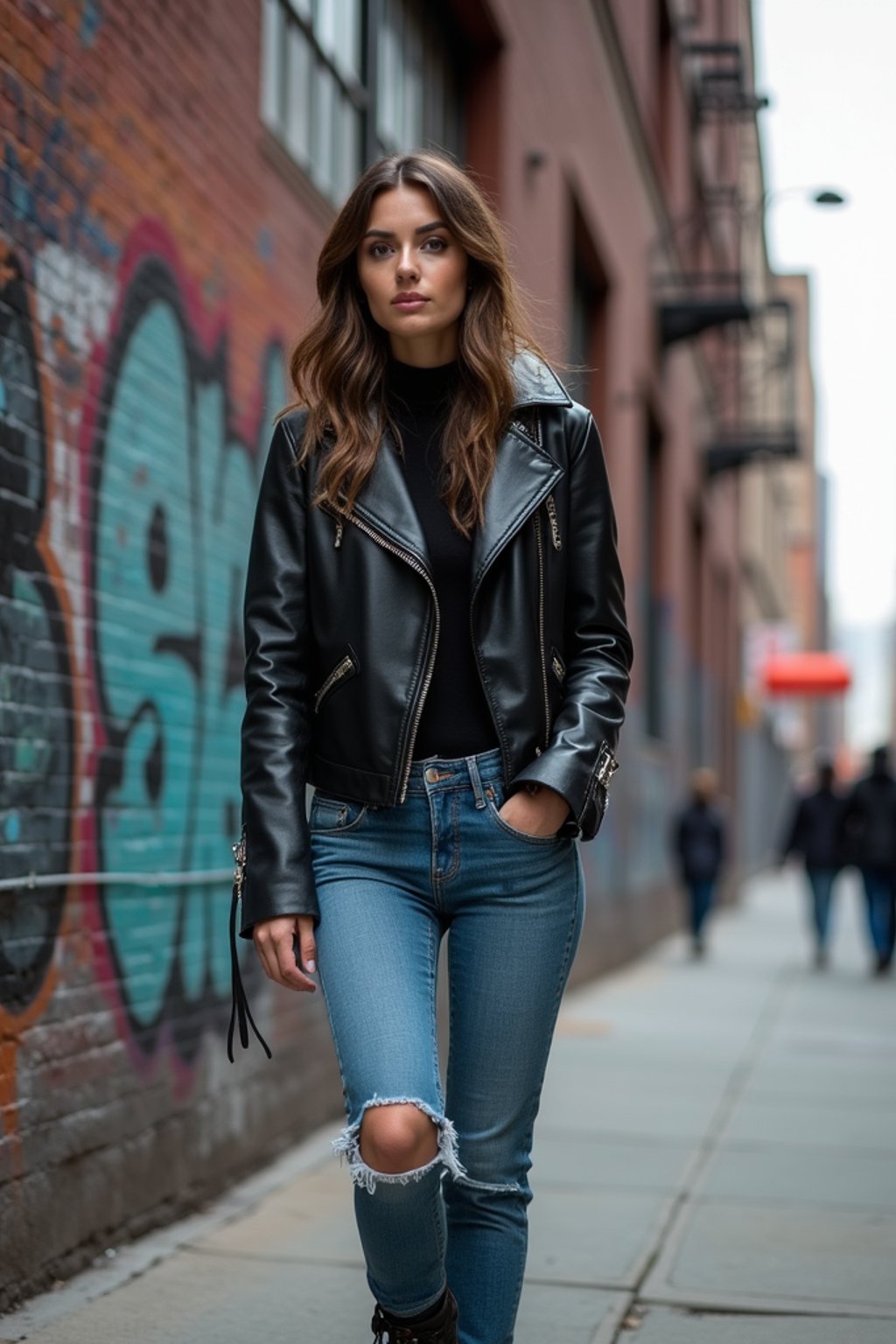 stylish and chic  woman in New York City wearing a leather jacket, jeans, and boots with urban graffiti in the background