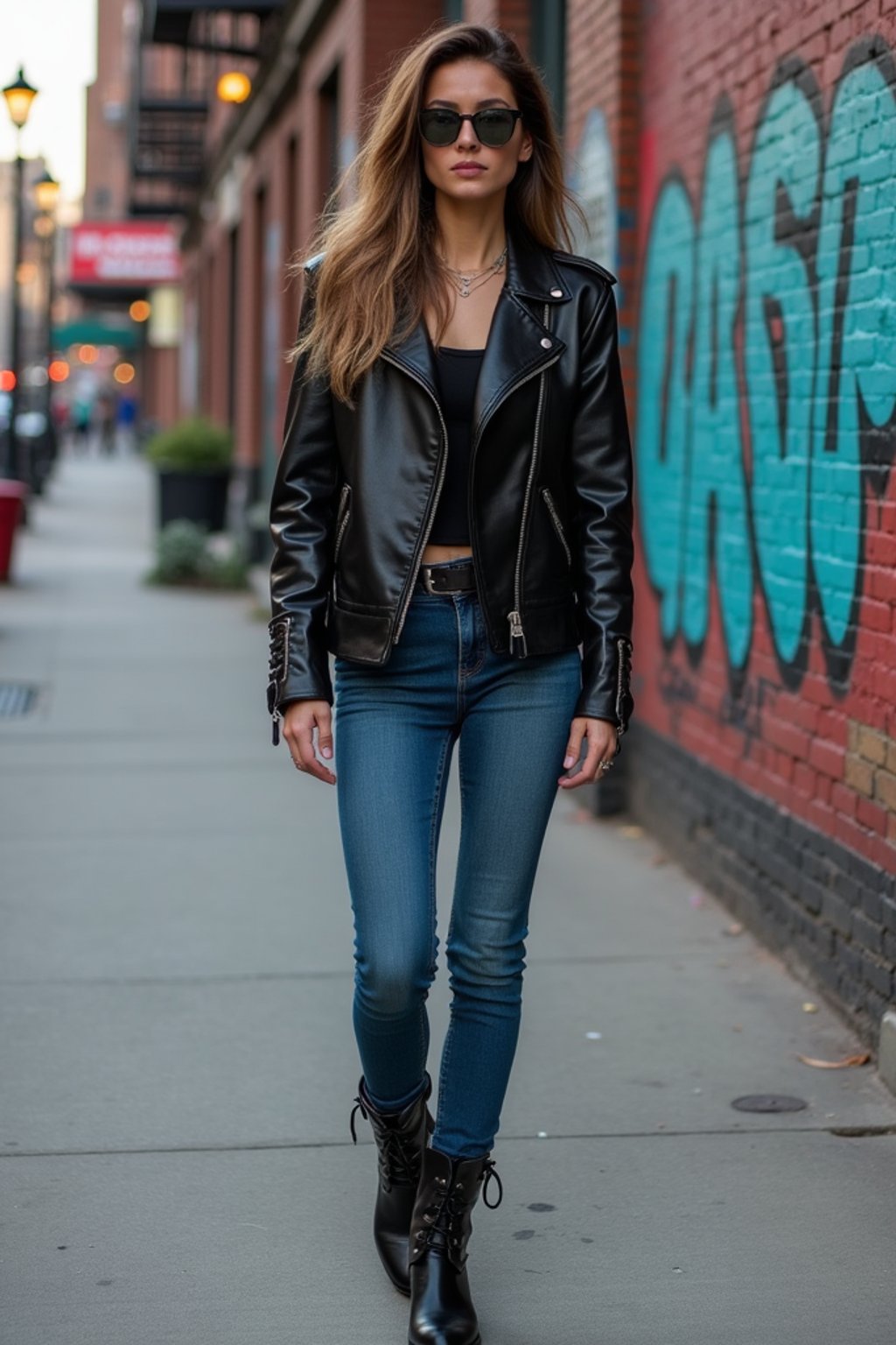 stylish and chic  woman in New York City wearing a leather jacket, jeans, and boots with urban graffiti in the background