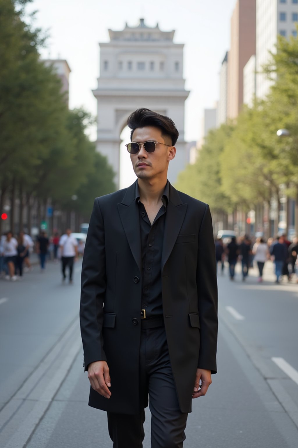 sharp and trendy man in Buenos Aires wearing a modern street style outfit, Obelisco de Buenos Aires in the background