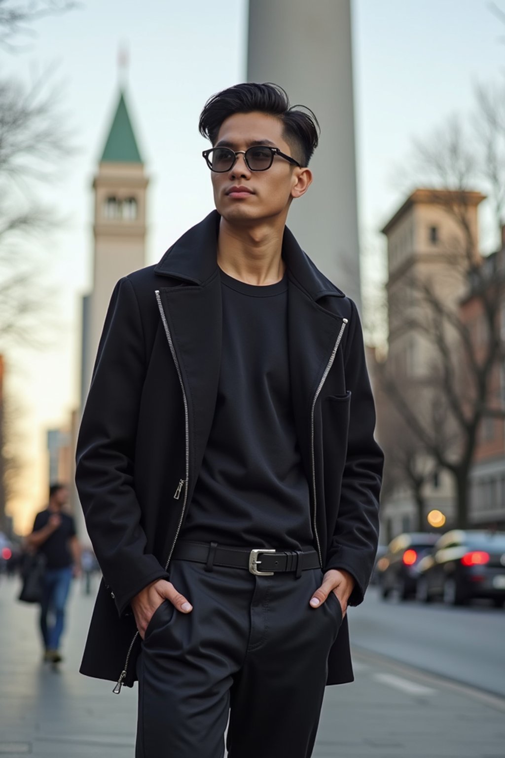 sharp and trendy man in Buenos Aires wearing a modern street style outfit, Obelisco de Buenos Aires in the background